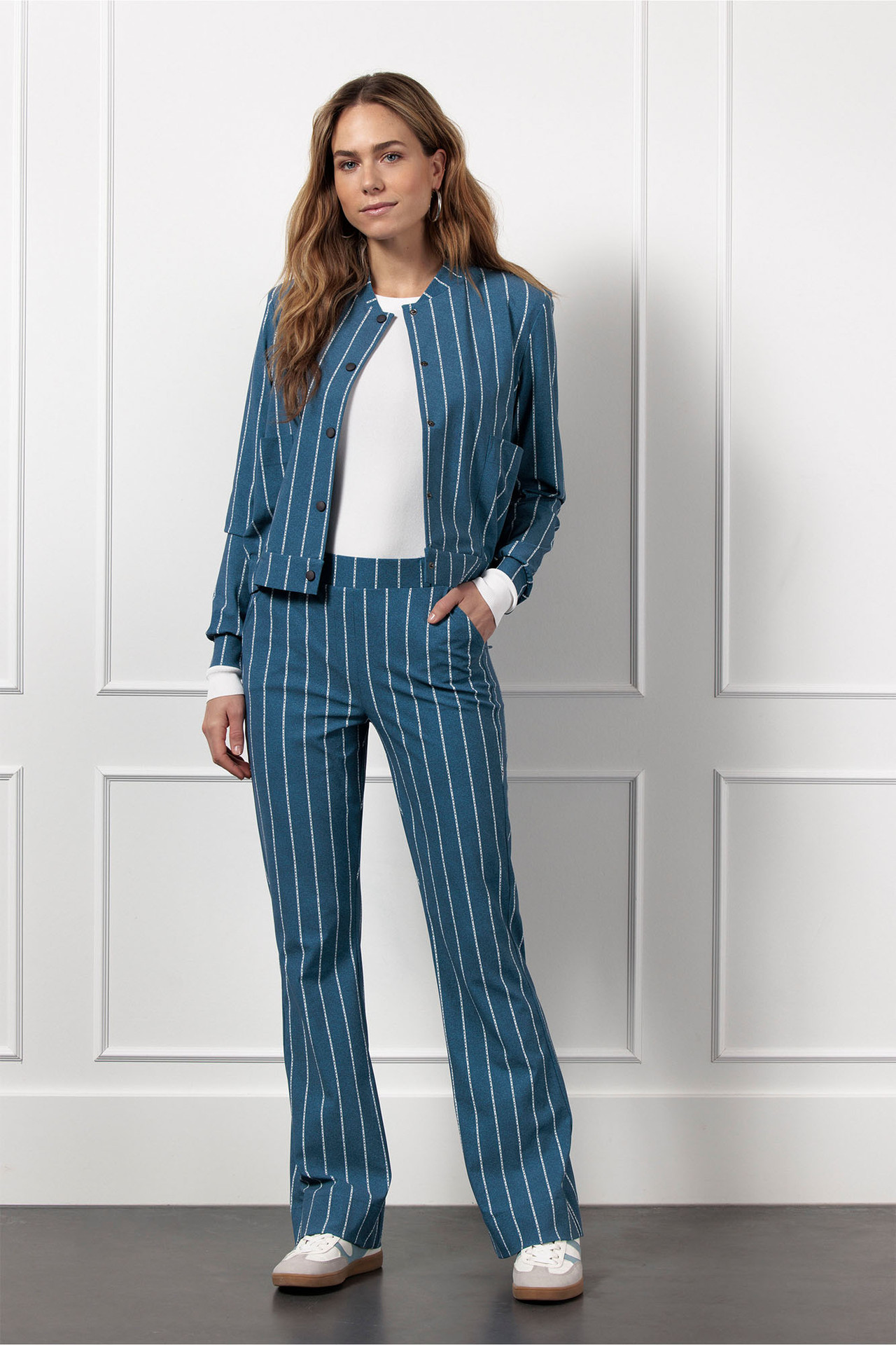 Studio Anneloes Flair Pinstripe Trousers Denim Blue/Offwhite