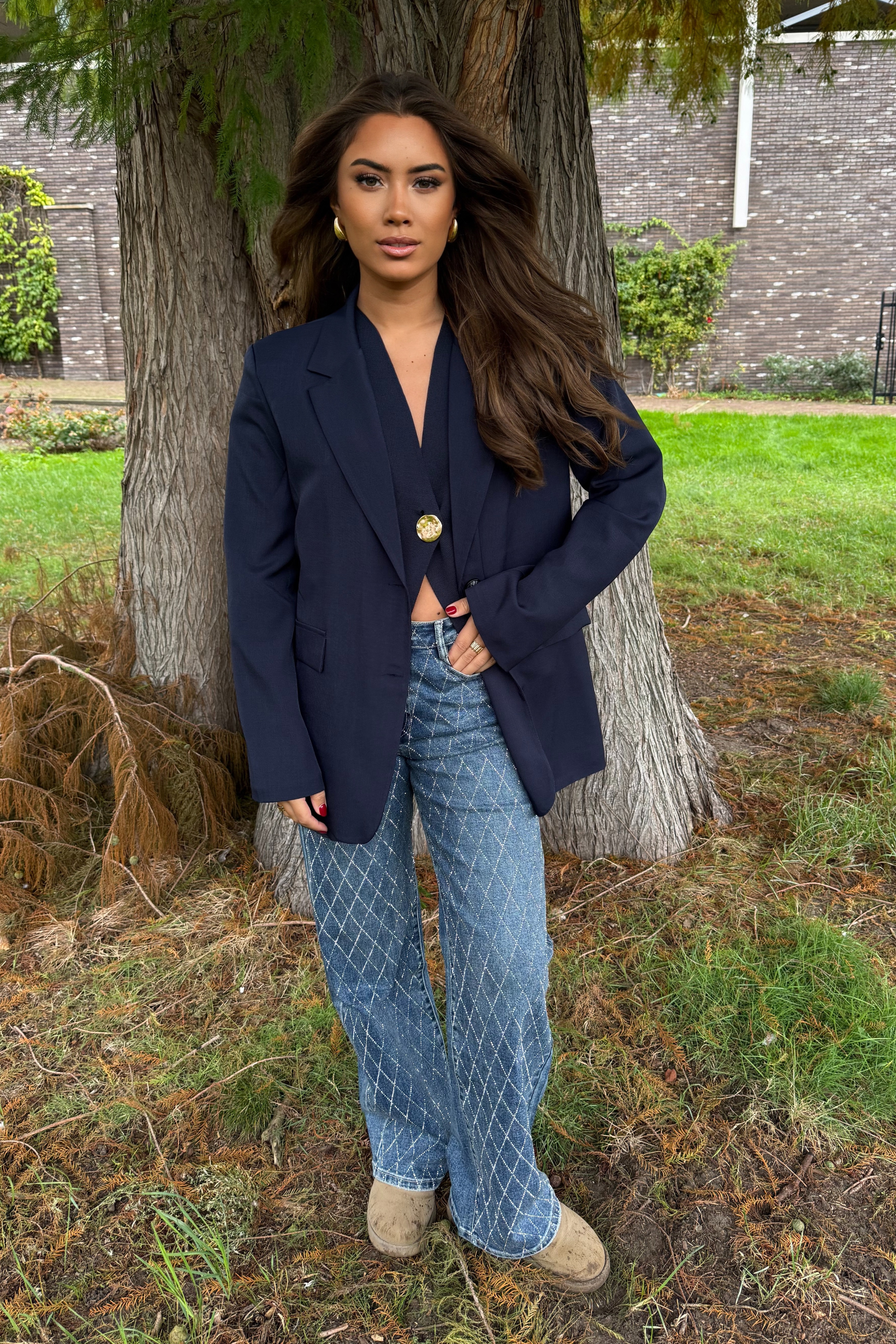 Straight jeans ruit glitter donkerblauw - Afbeelding 3