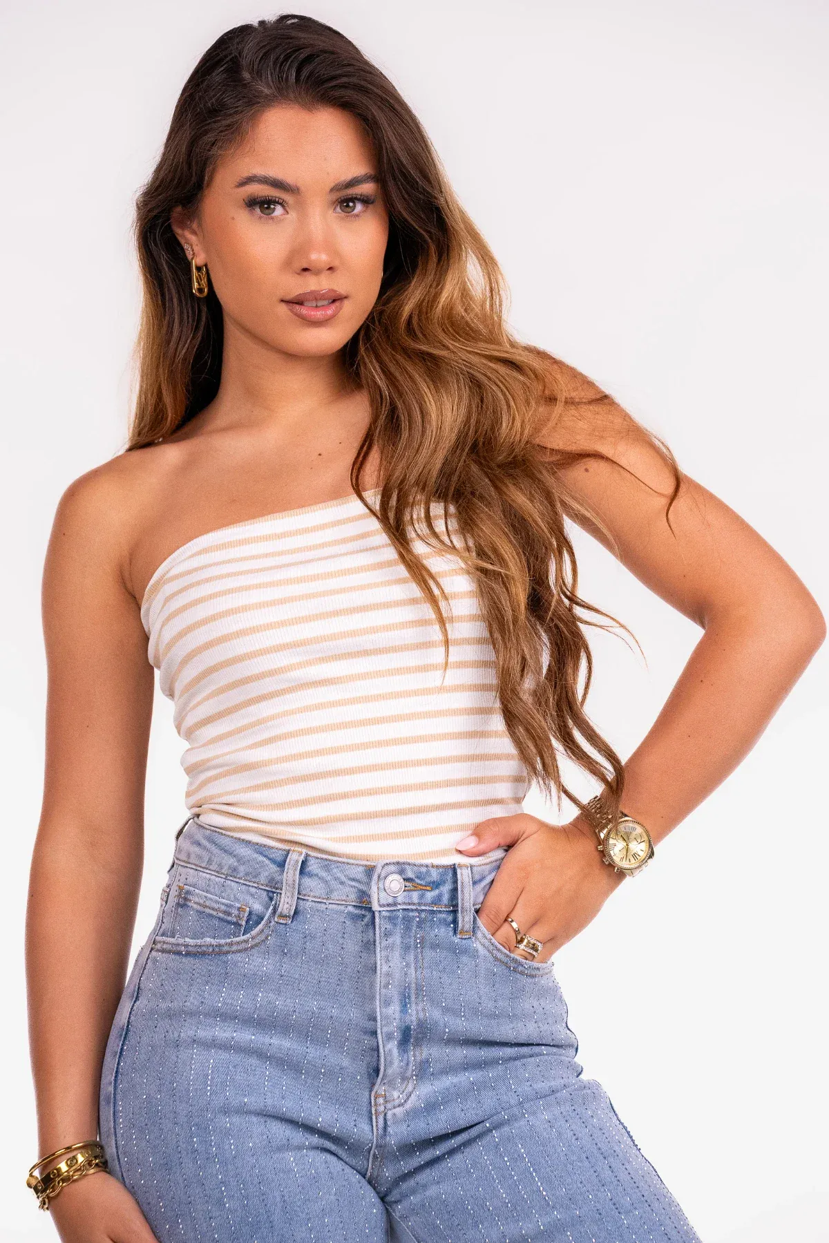 Bandeau top stretch gestreept beige