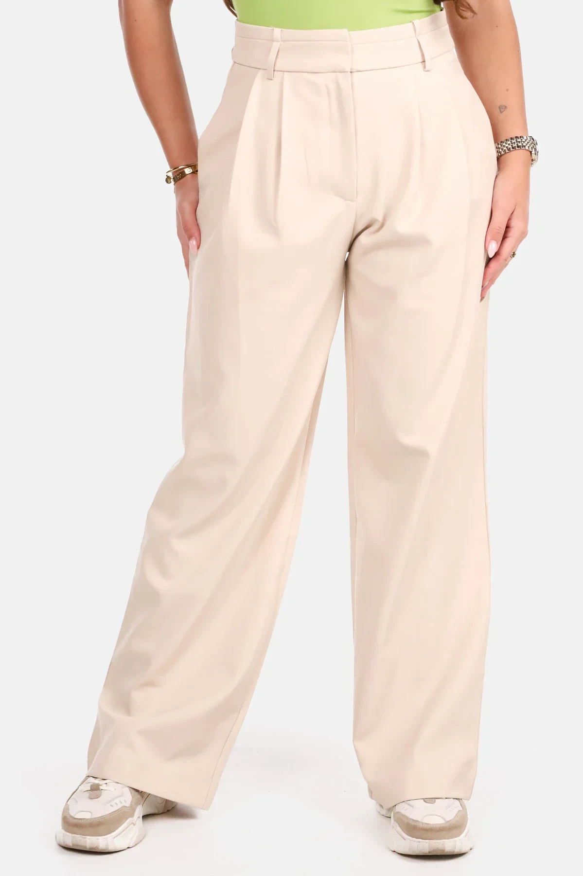 Bandplooibroek met hoge taille beige