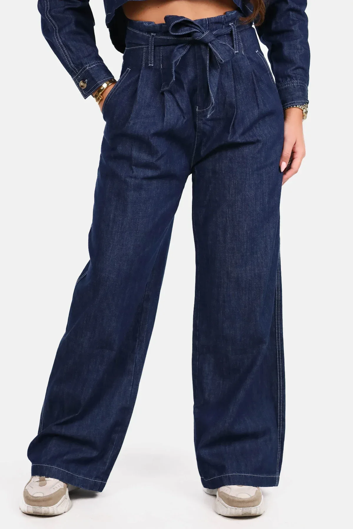 Bandplooibroek met strikdetail donkerblauw