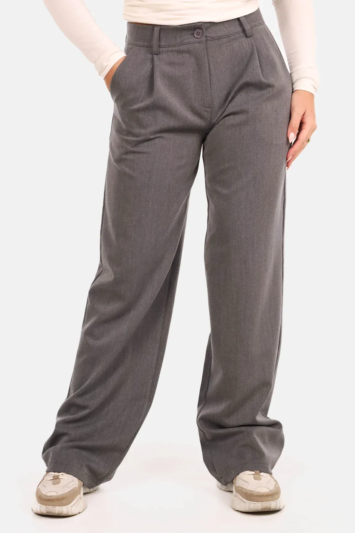 Bandplooibroek wide leg washed grijs