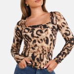 Basic shirt vierkante hals leopard print bruin