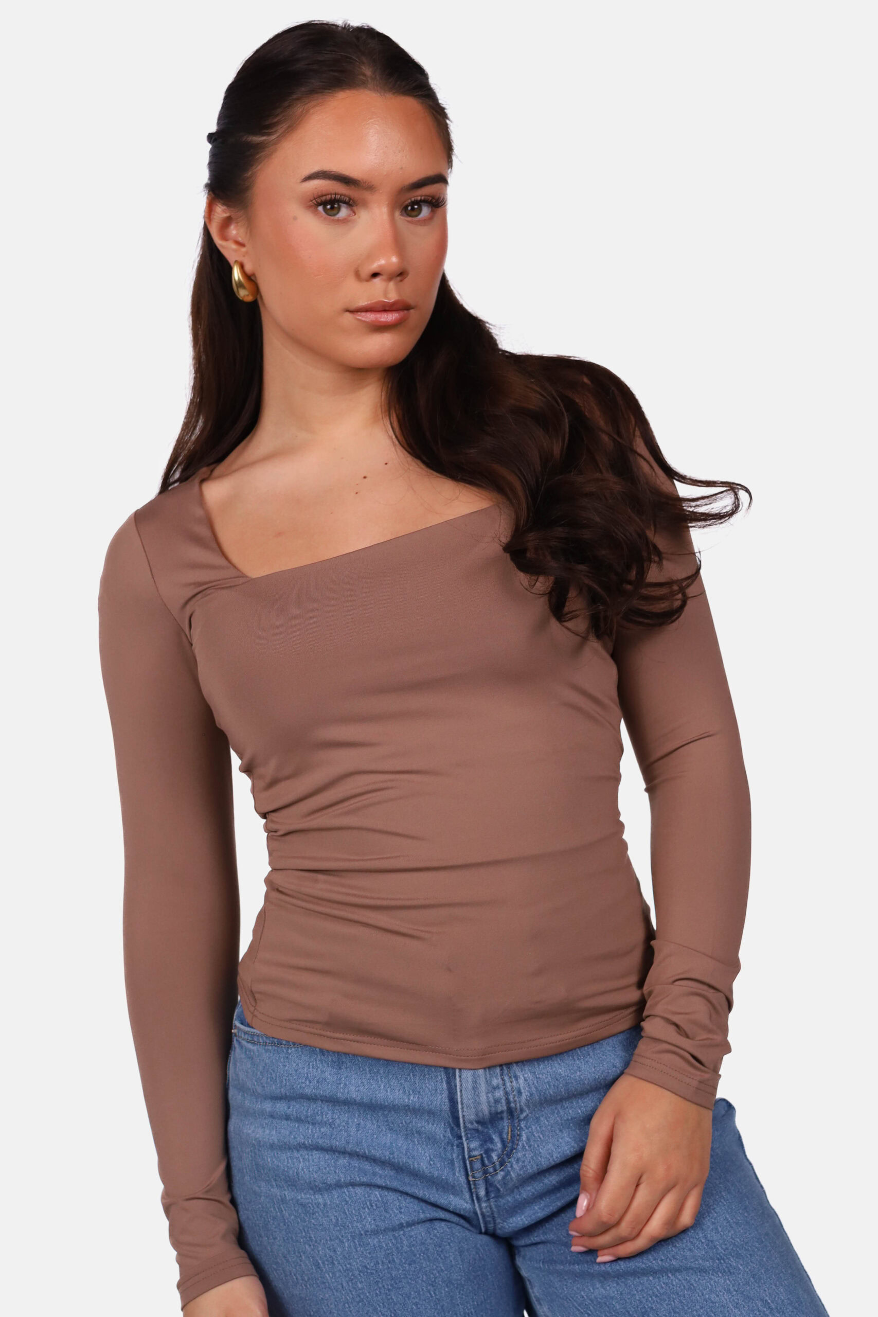 Basic shirt vierkante hals lichtbruin