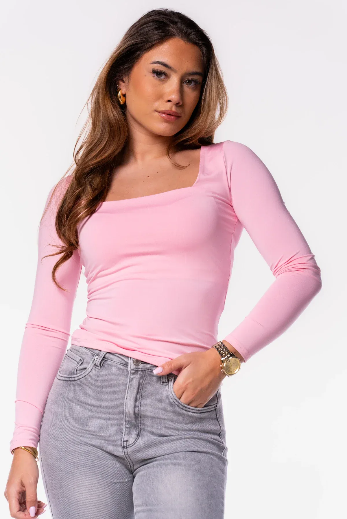 Basic shirt vierkante hals lichtroze