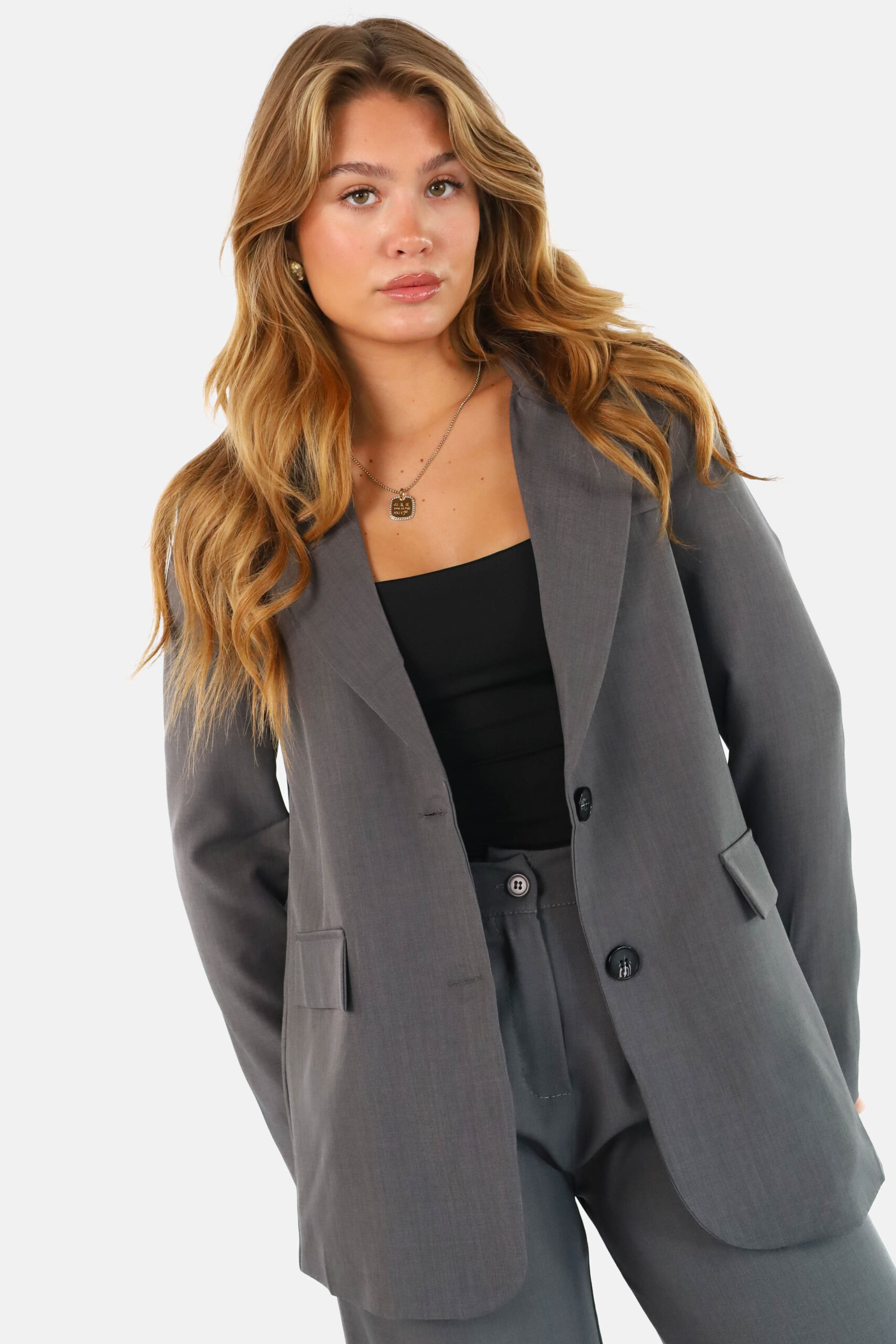 Blazer met knoopsluiting en rechte fit gemêleerd grijs