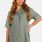 Blouse linnen korte mouw kaki