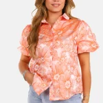 Blouse met korte mouwen en bloemenstructuur oranje