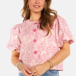 Blouse met pofmouwen en knopen fuchsia