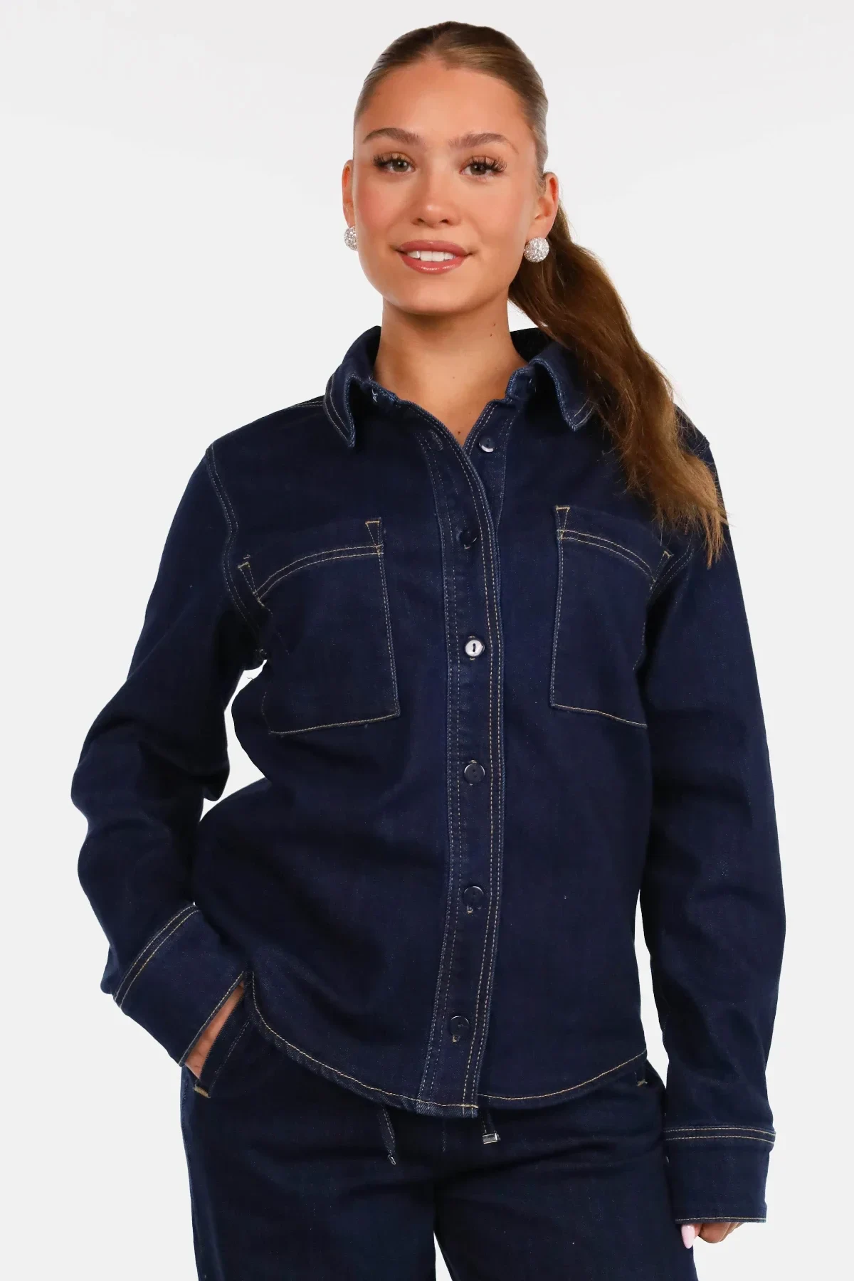 Denim blouse straight fit donkerblauw