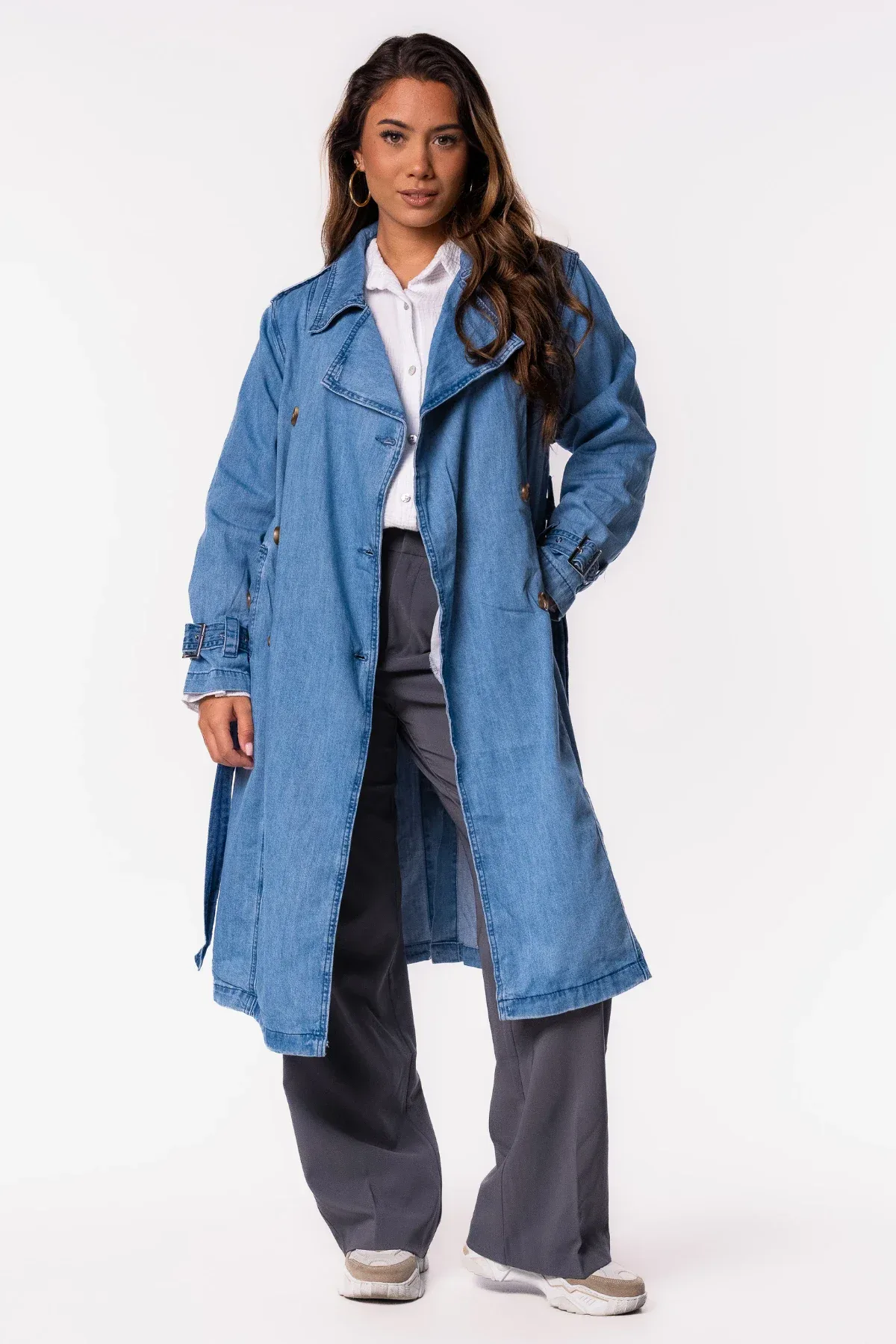 Denim trenchcoat knopen blauw