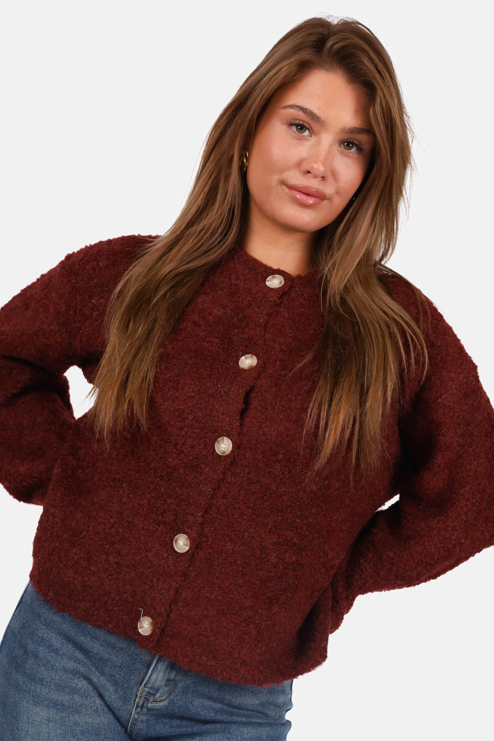 Gebreid vest wolblend met knopen bordeaux