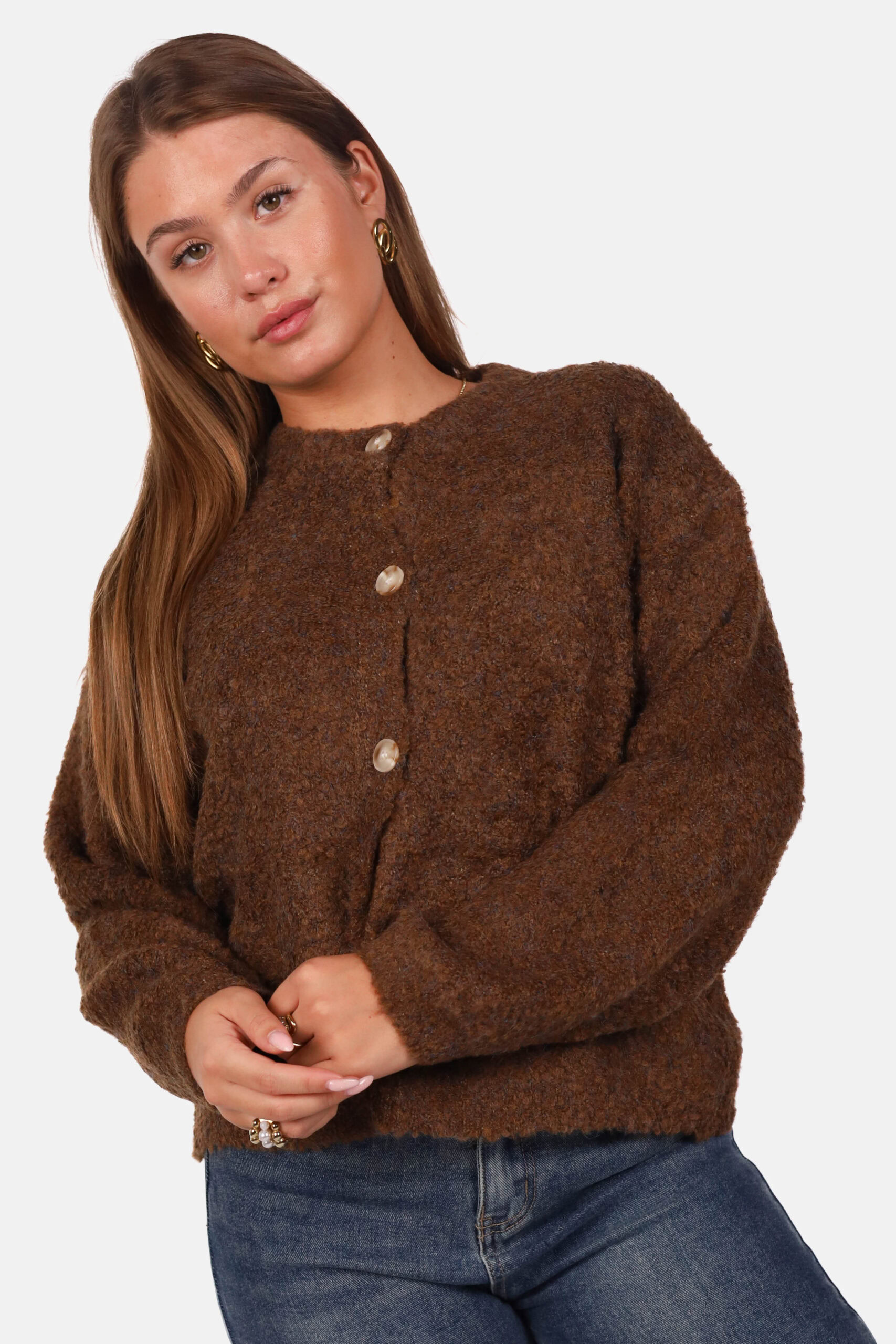 Gebreid vest wolblend met knopen bruin