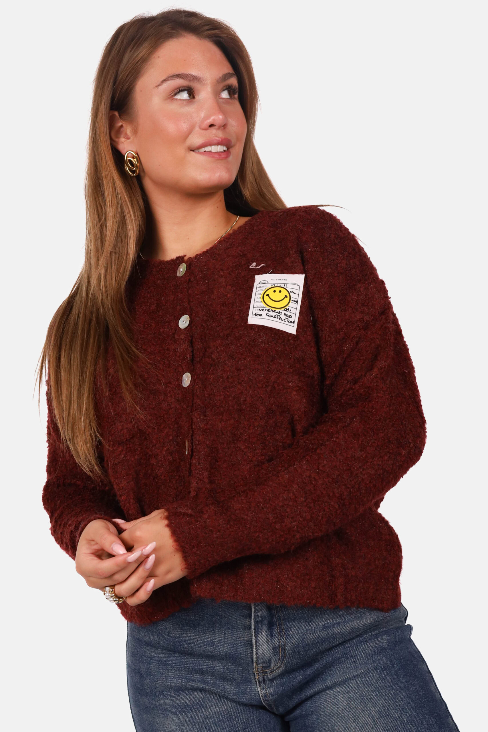 Gebreid vest wolblend met patchdetail bordeaux