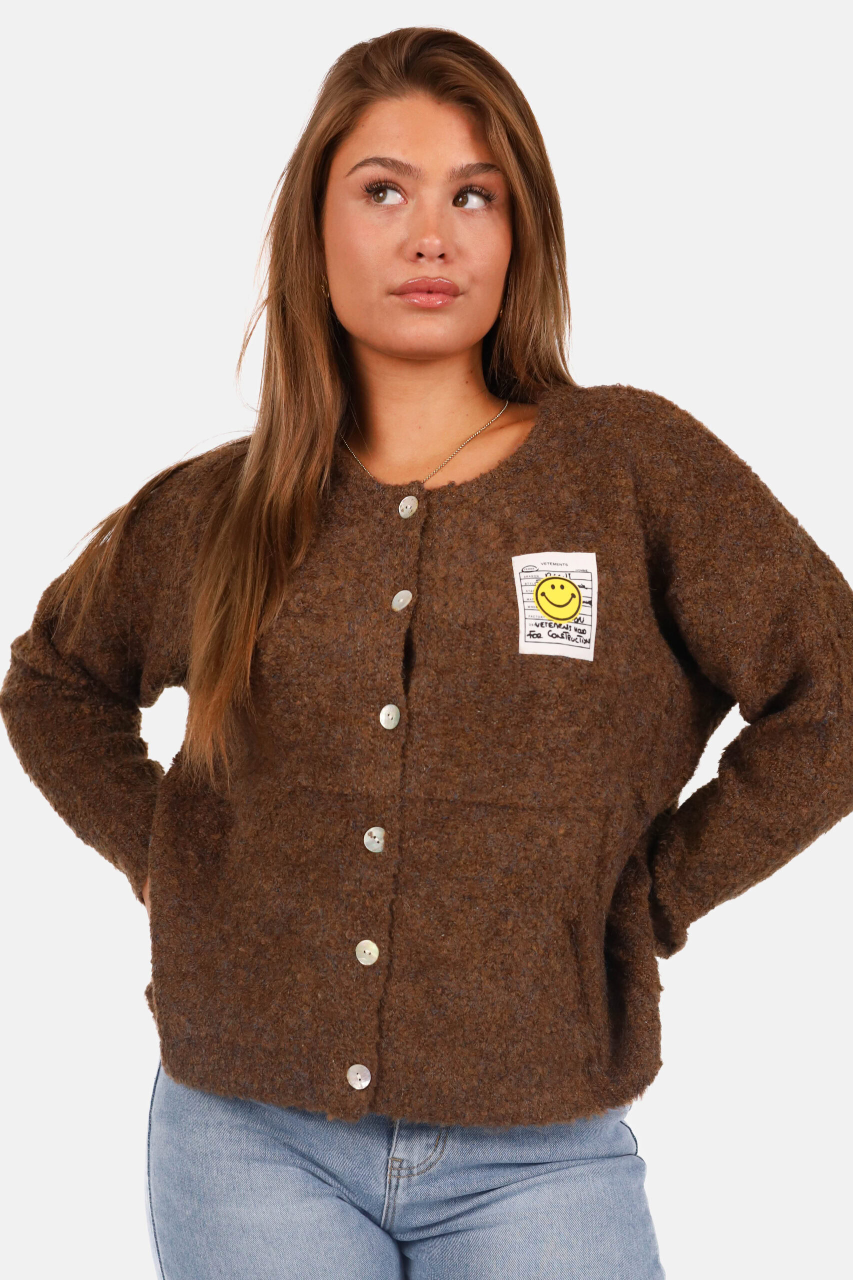 Gebreid vest wolblend met patchdetail bruin