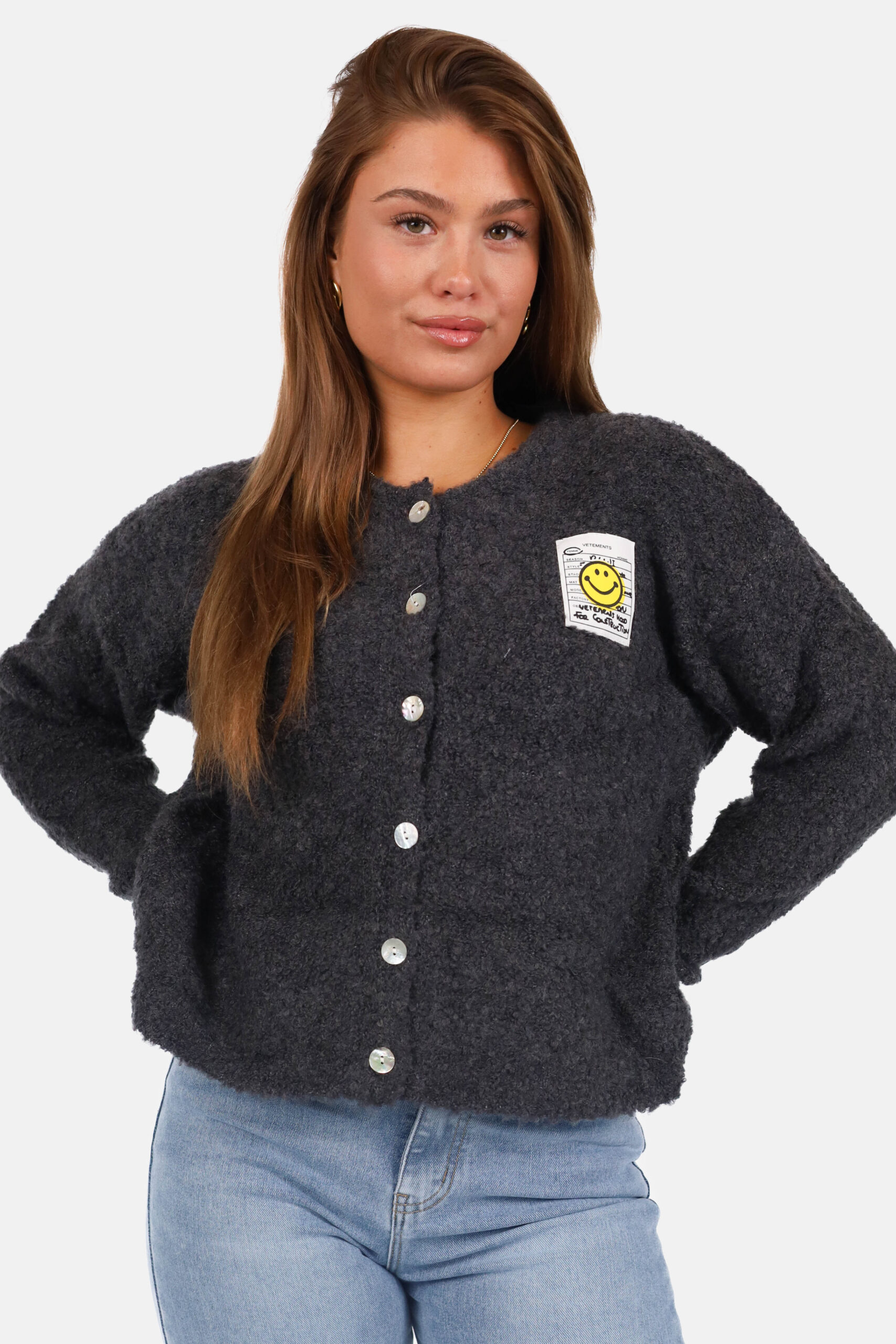 Gebreid vest wolblend met patchdetail grijs