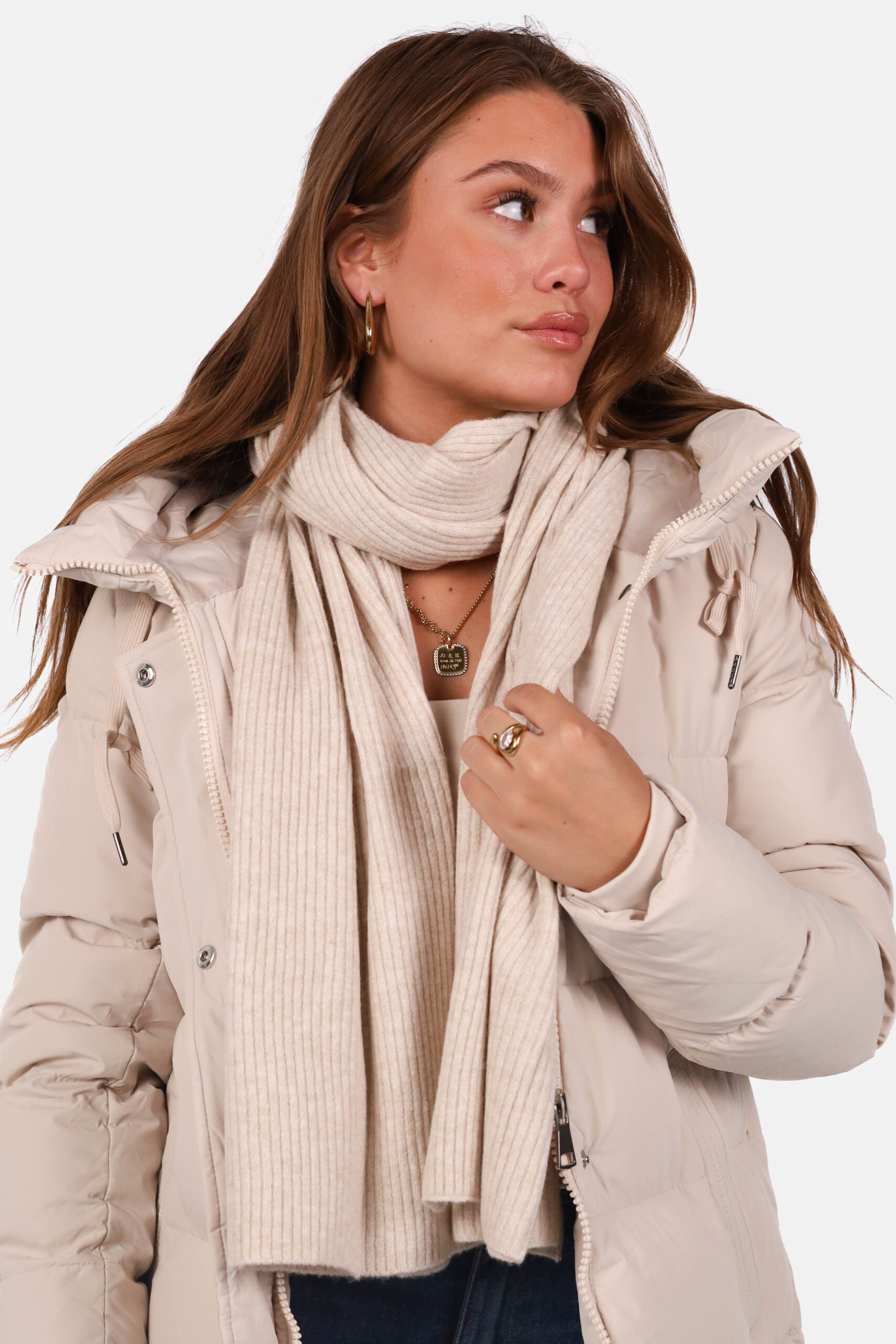 Gebreide sjaal wolblend met ribstructuur beige