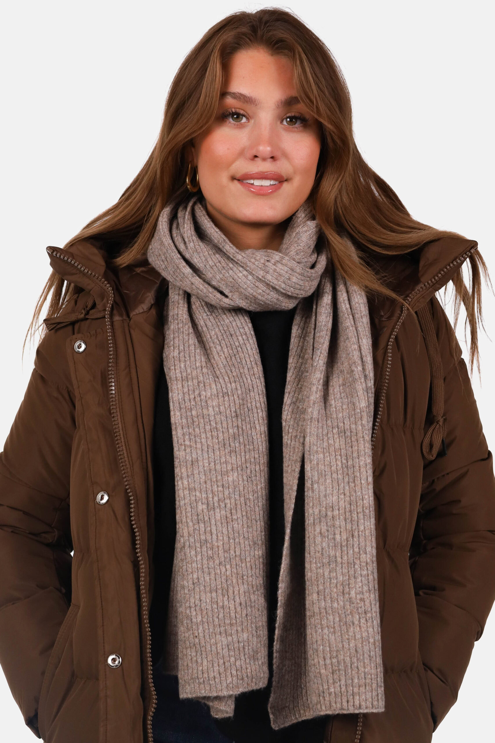 Gebreide sjaal wolblend met ribstructuur donker taupe