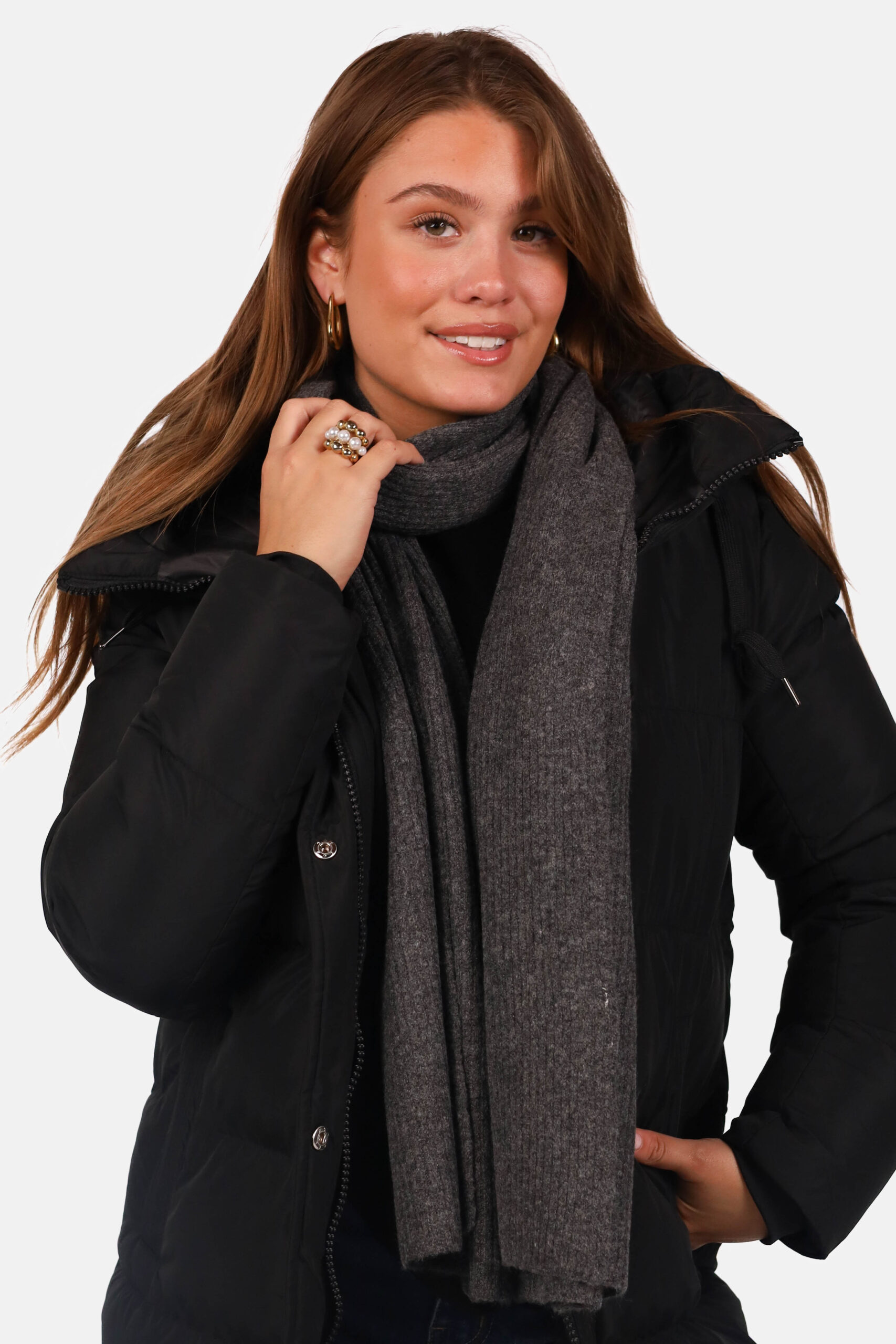 Gebreide sjaal wolblend met ribstructuur grijs