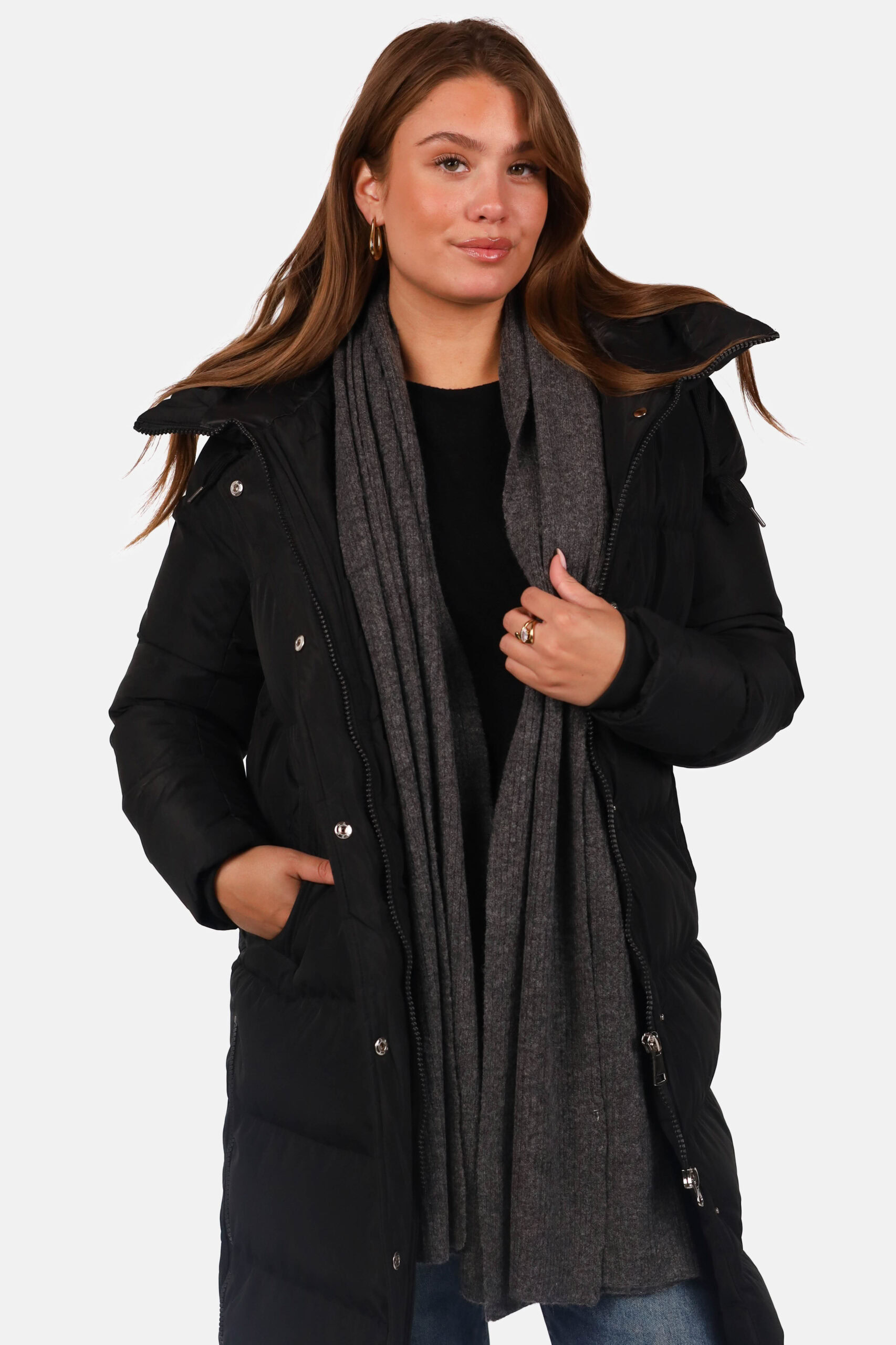 Gebreide sjaal wolblend met ribstructuur grijs - Afbeelding 3