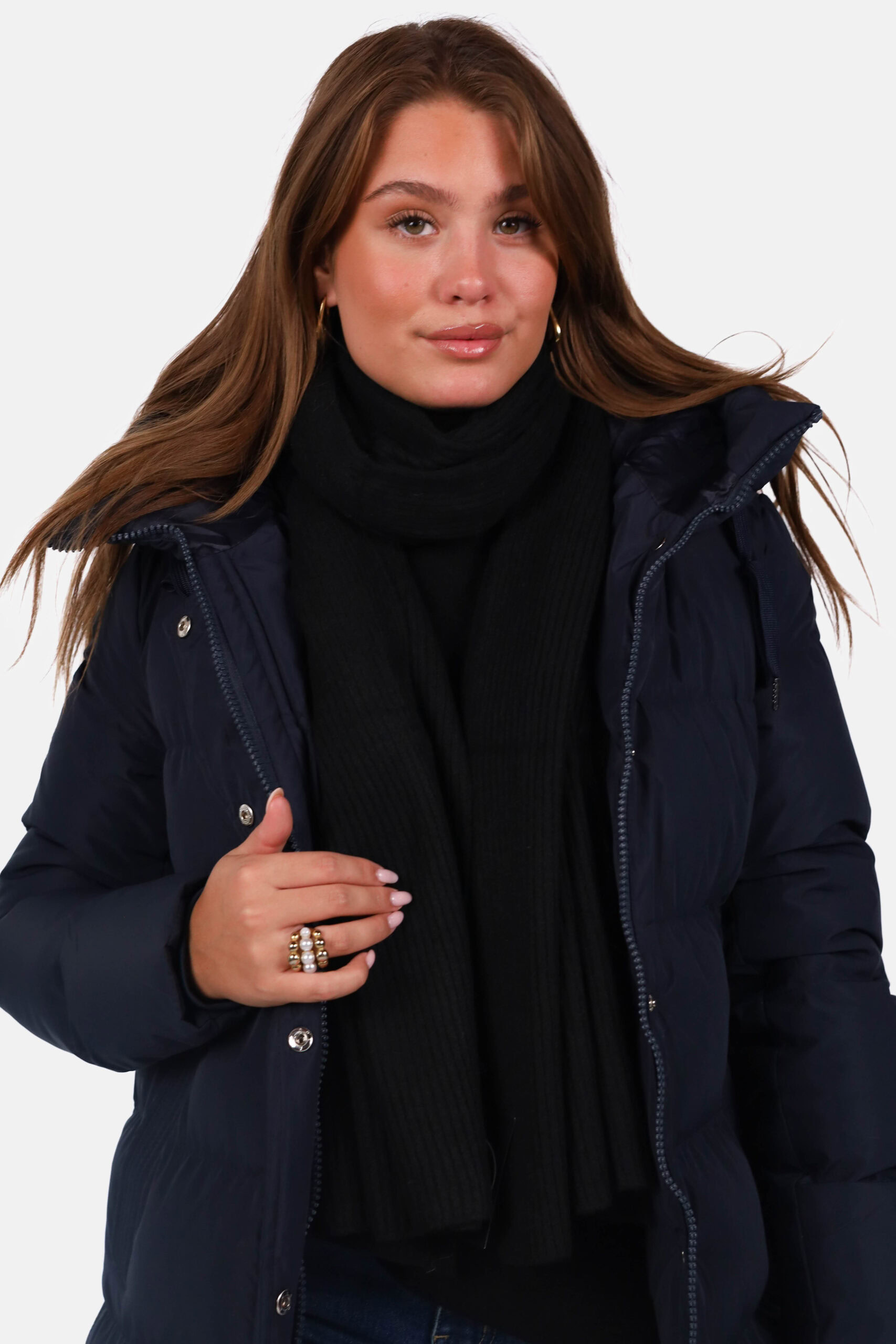 Gebreide sjaal wolblend met ribstructuur zwart