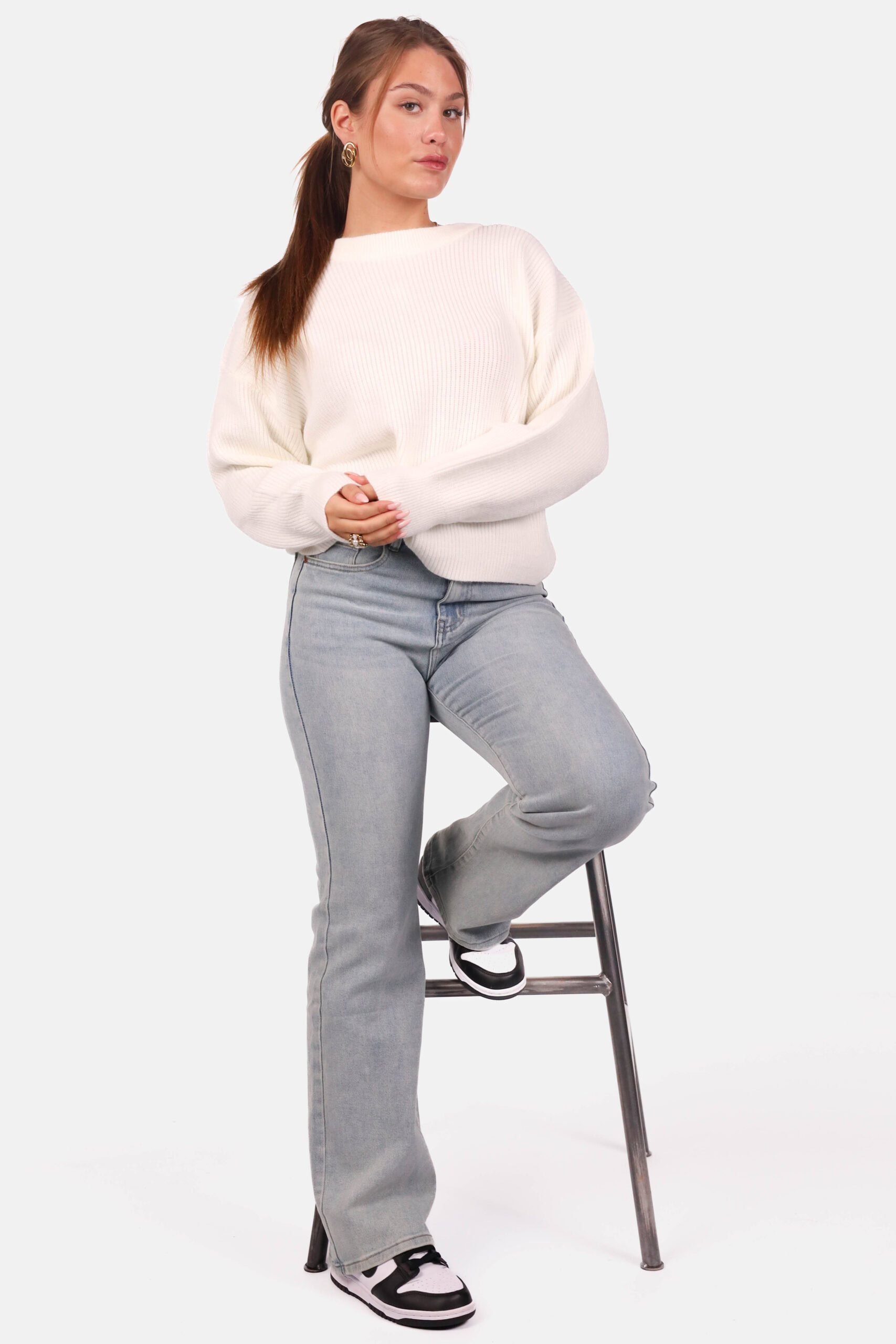 Gebreide trui met ronde hals wit - Afbeelding 3