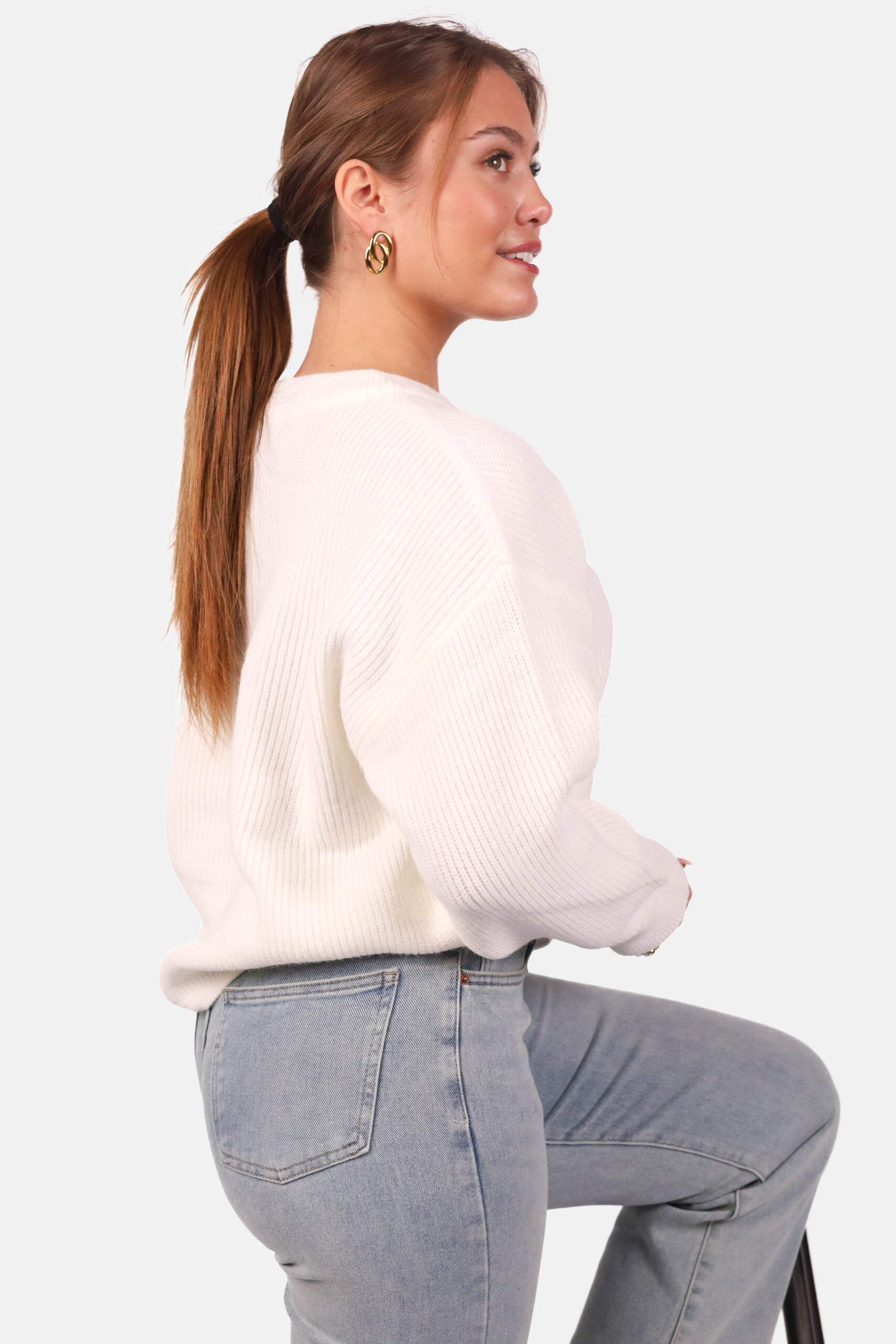 Gebreide trui met ronde hals wit - Afbeelding 4