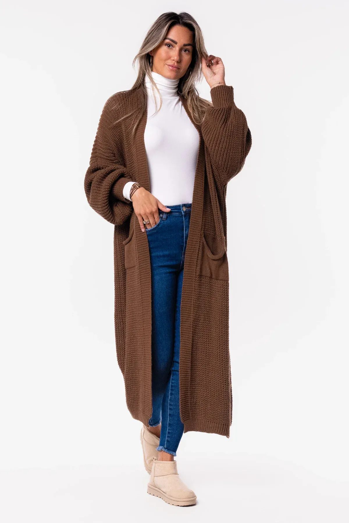 Gehaakt lang vest lichtbruin