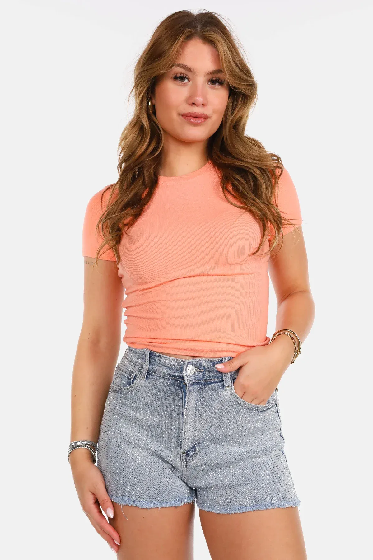 Geribd t-shirt met korte mouwen oranje