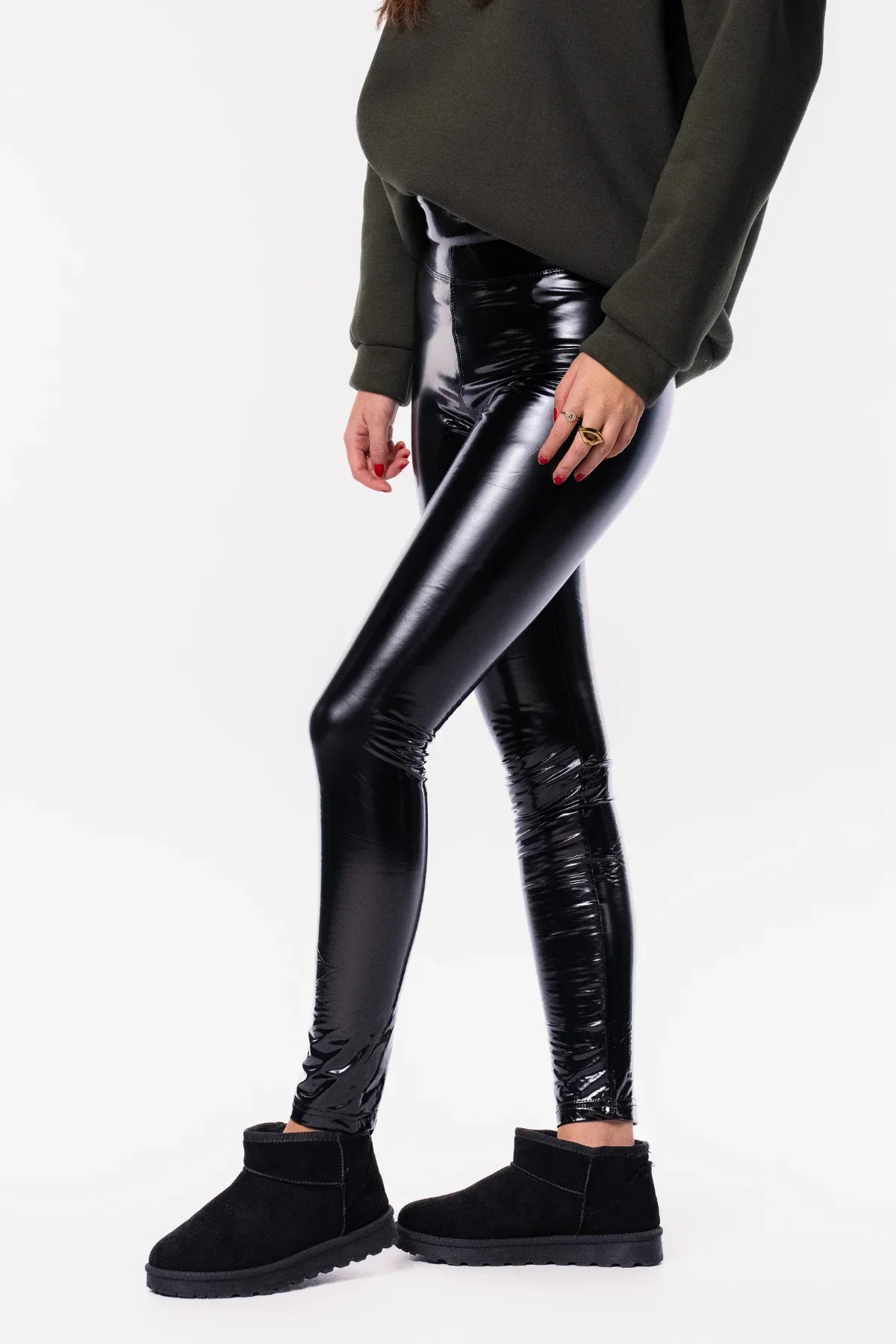 High waist lak legging zwart