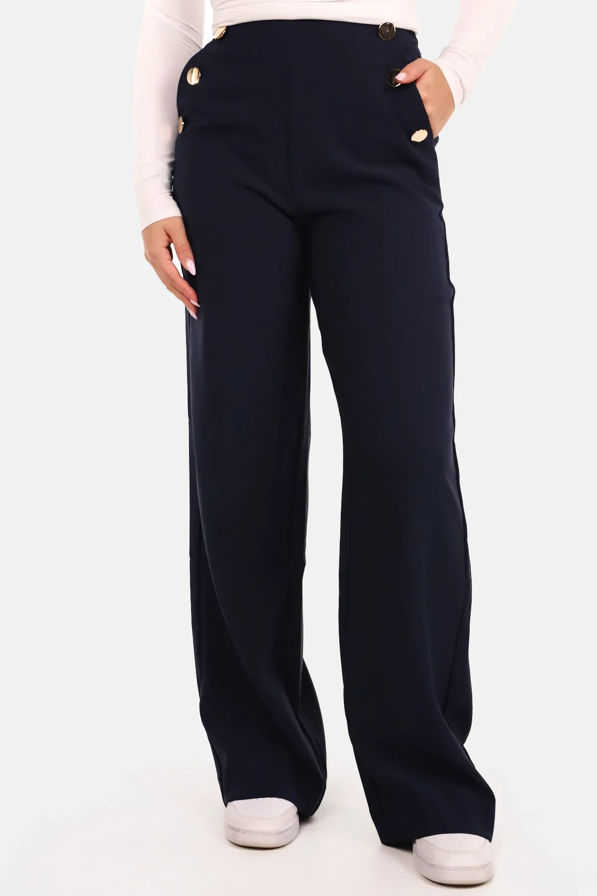 High waist pantalon met knopen donkerblauw