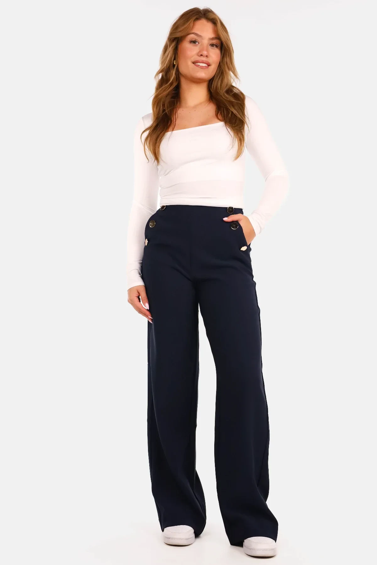 High waist pantalon met knopen donkerblauw - Afbeelding 3