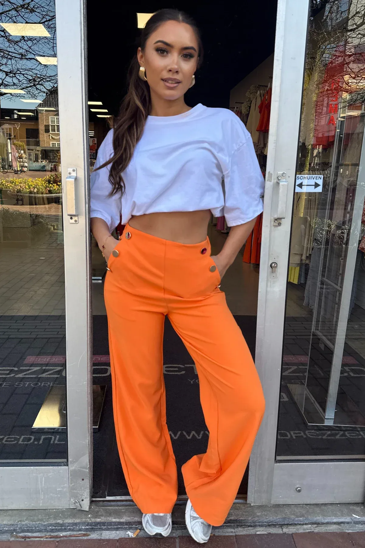 High waist pantalon met knopen oranje - Afbeelding 3