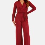 Jumpsuit met overslag en ceintuur bordeaux