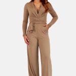 Jumpsuit met overslag en ceintuur camel