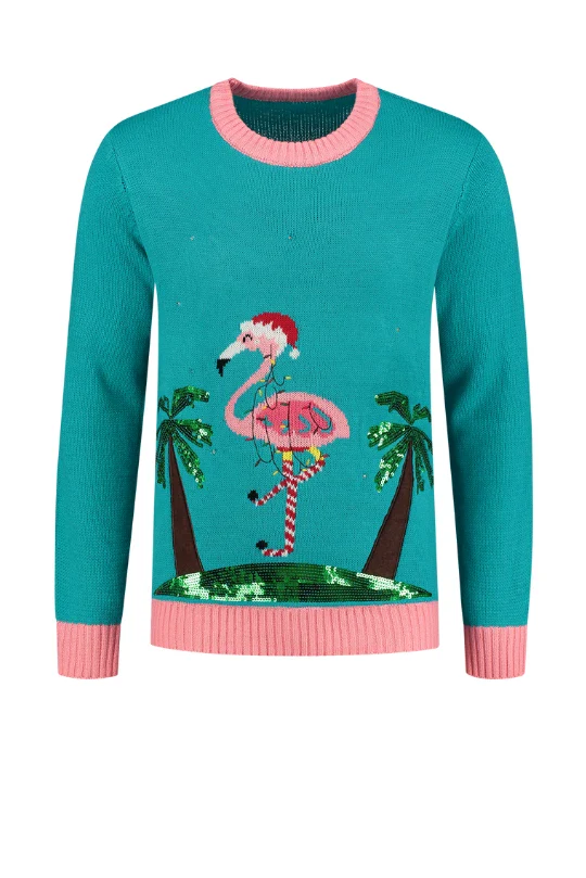 Kersttrui Caribbean Flamingo Led turquoise