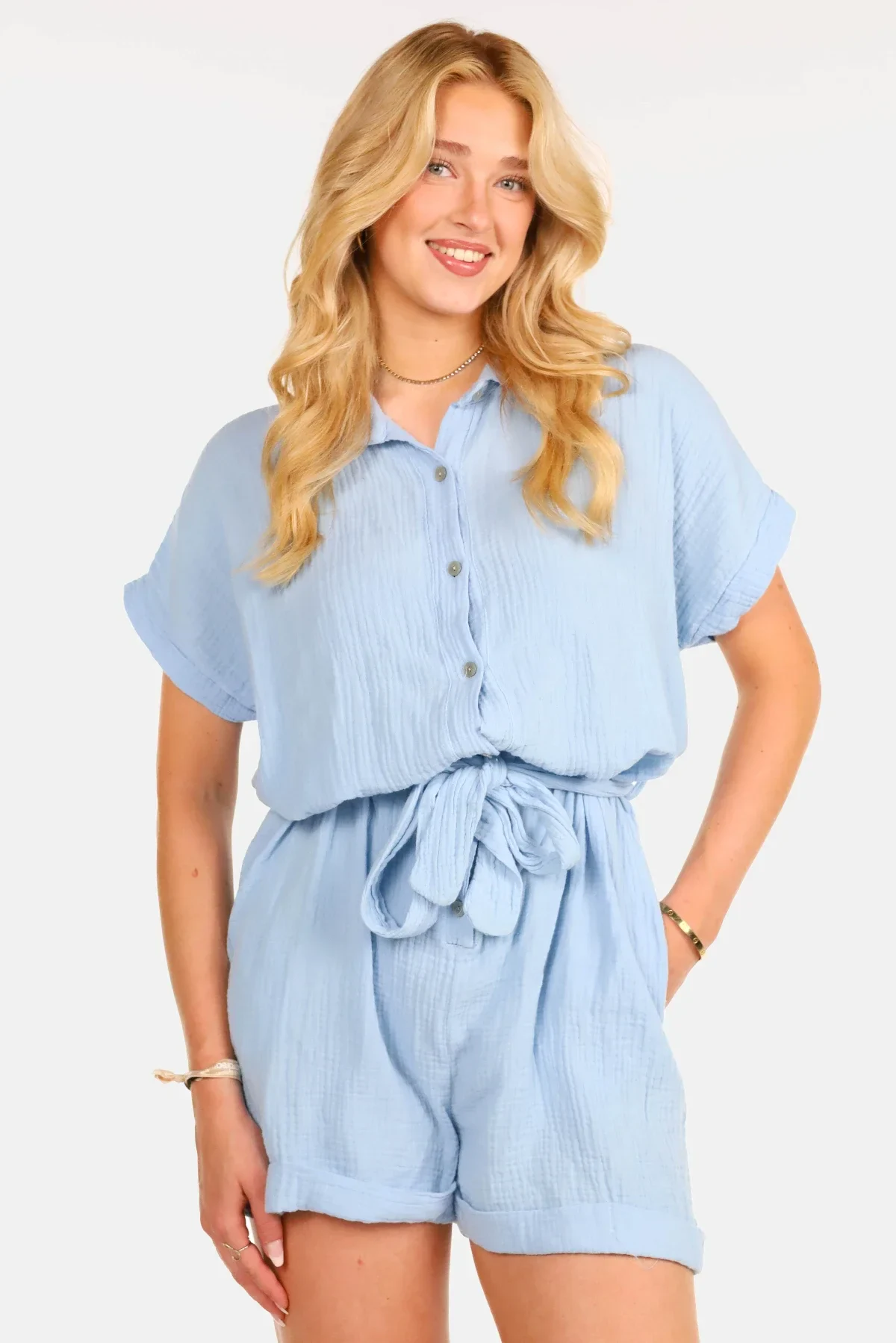 Korte jumpsuit van katoen lichtblauw