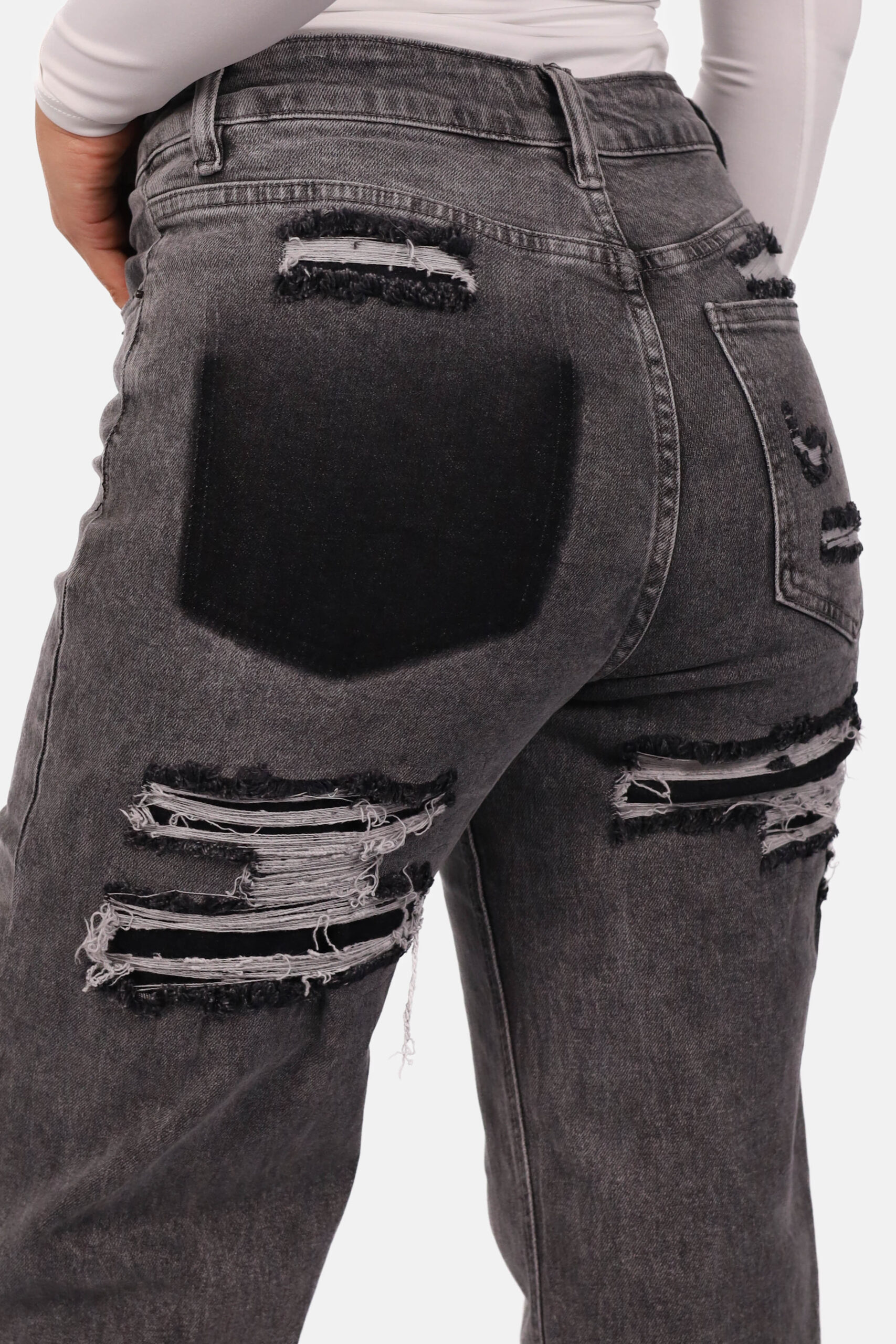 Loose straight jeans met destroyed details grijs