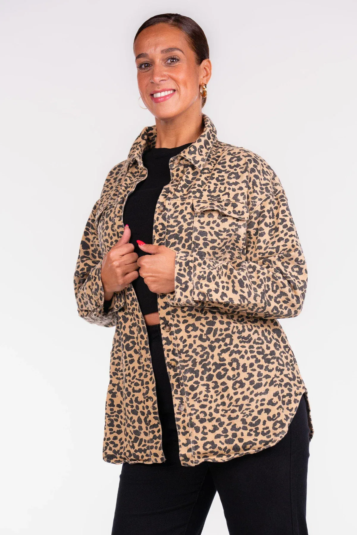 Oversized denim jack leopard zwart