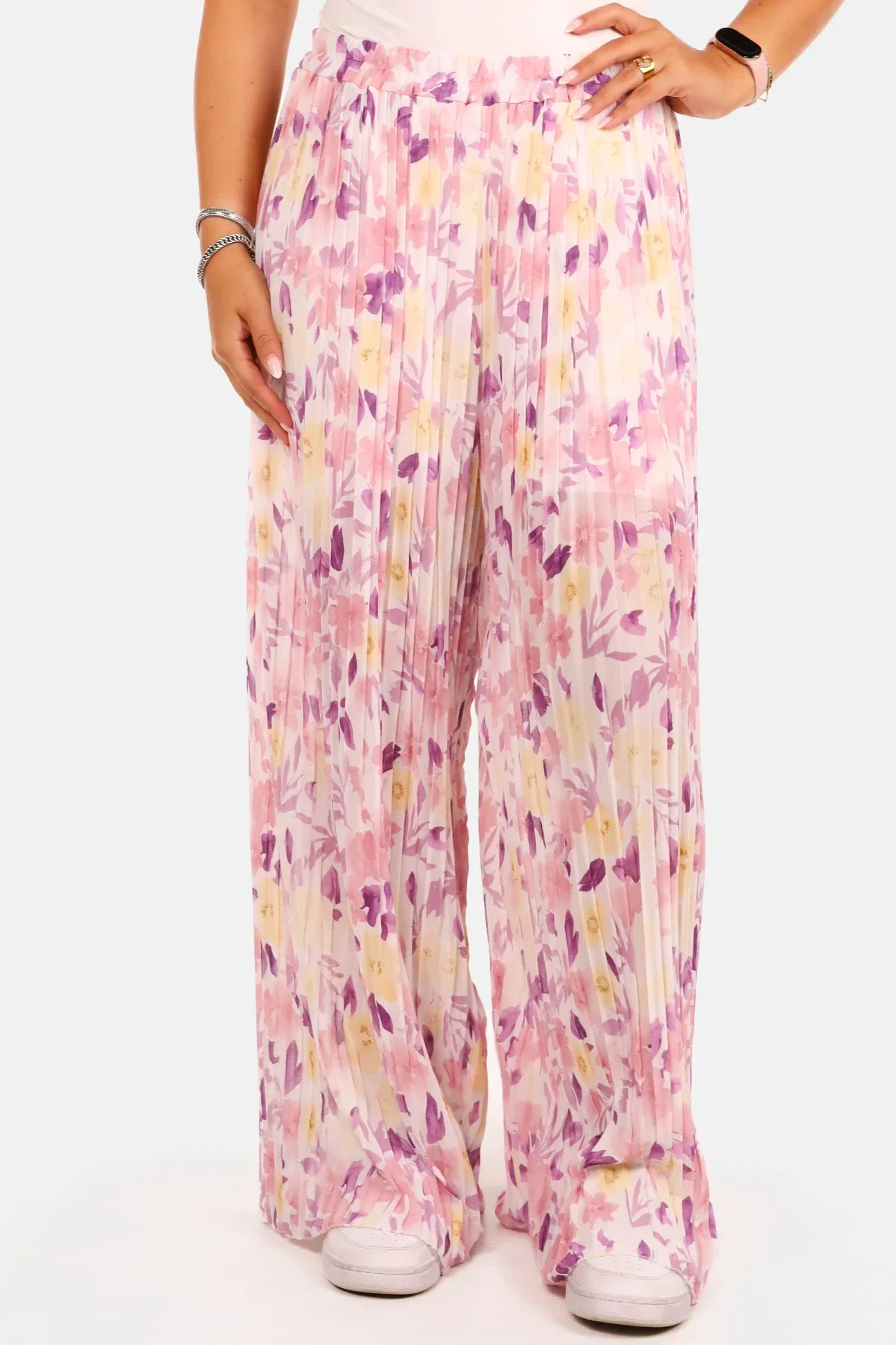 Plissébroek met bloemenprint roze