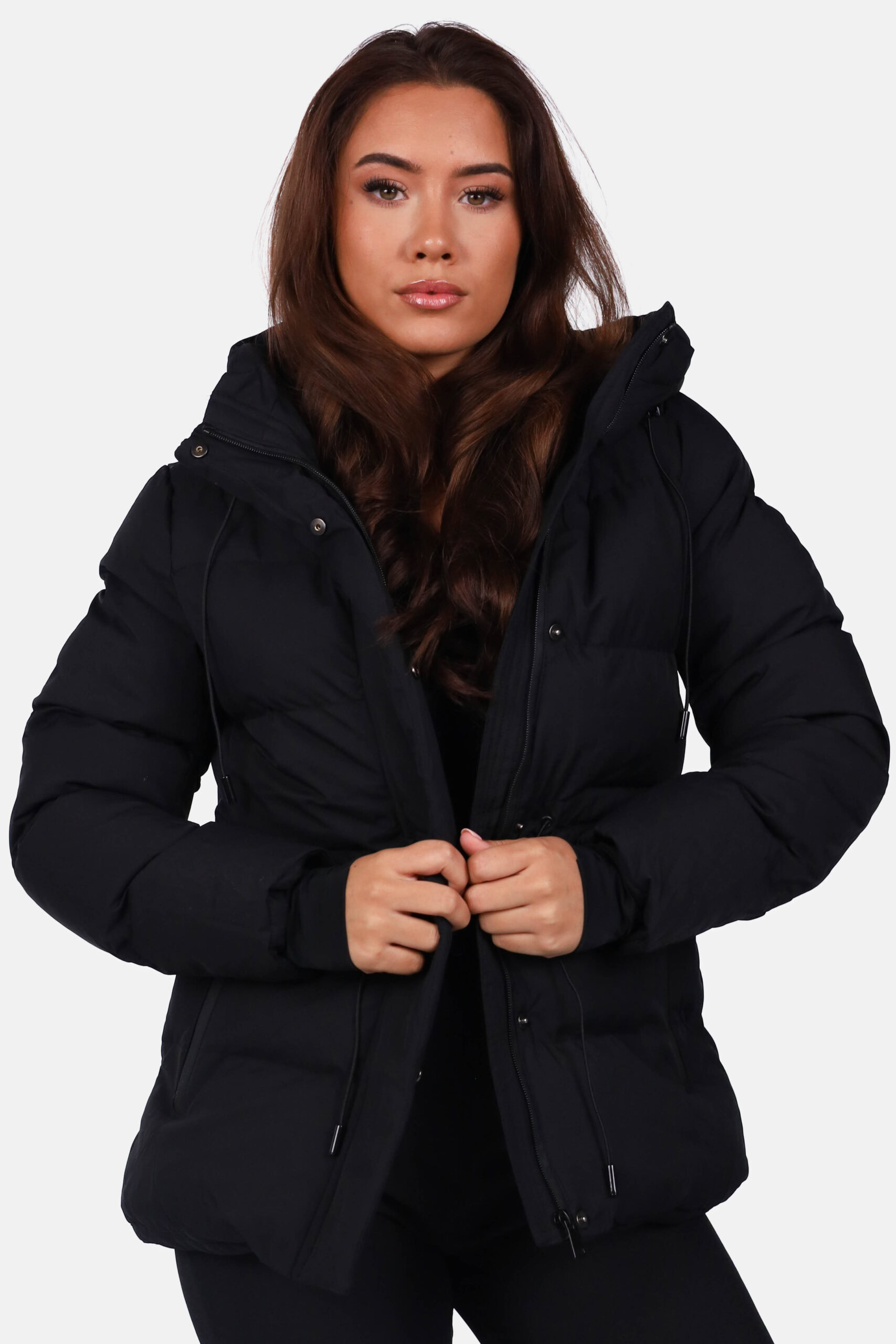 Puffer jas met taillekoord zwart