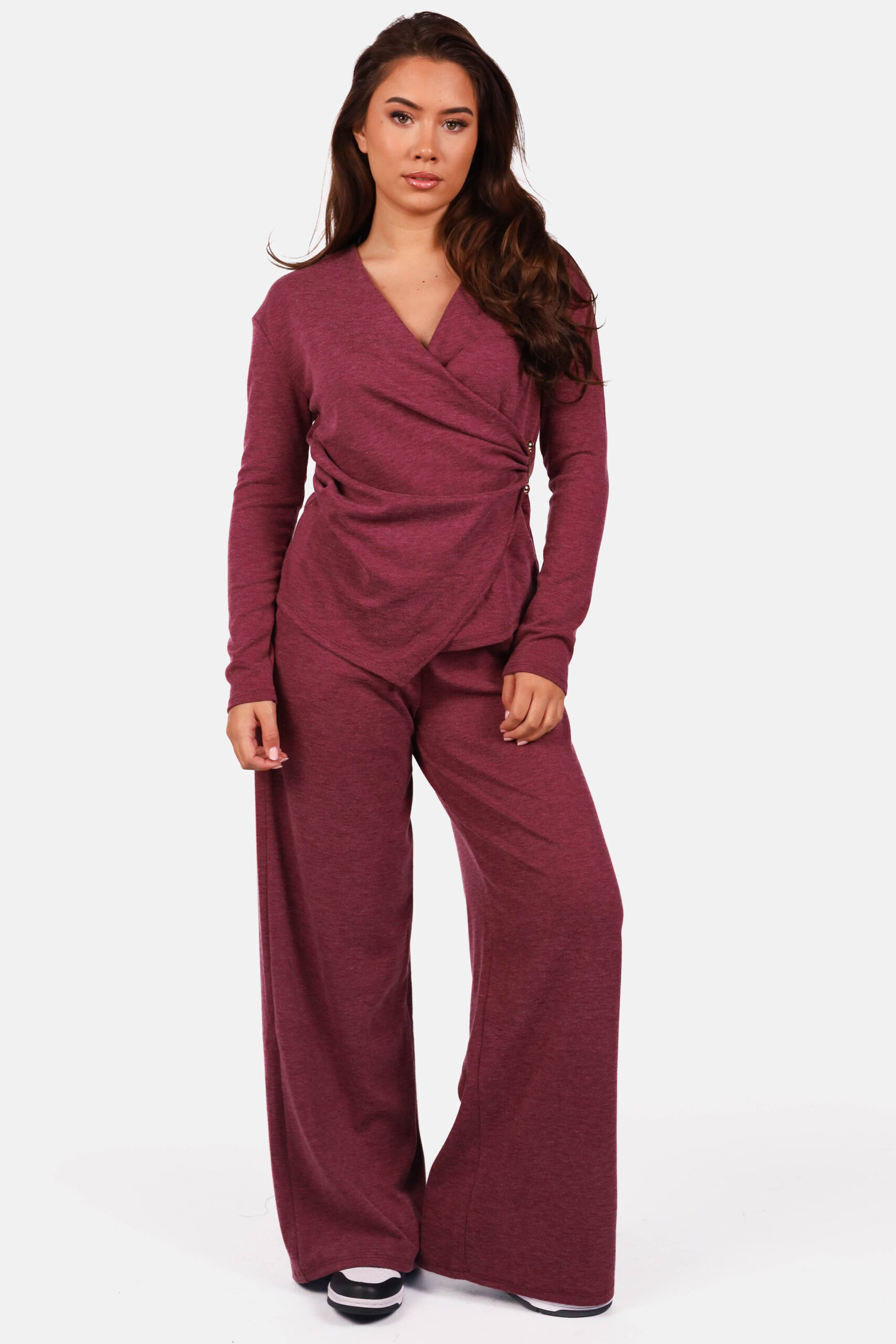 Set met top met sierclip en wide fit broek bordeaux