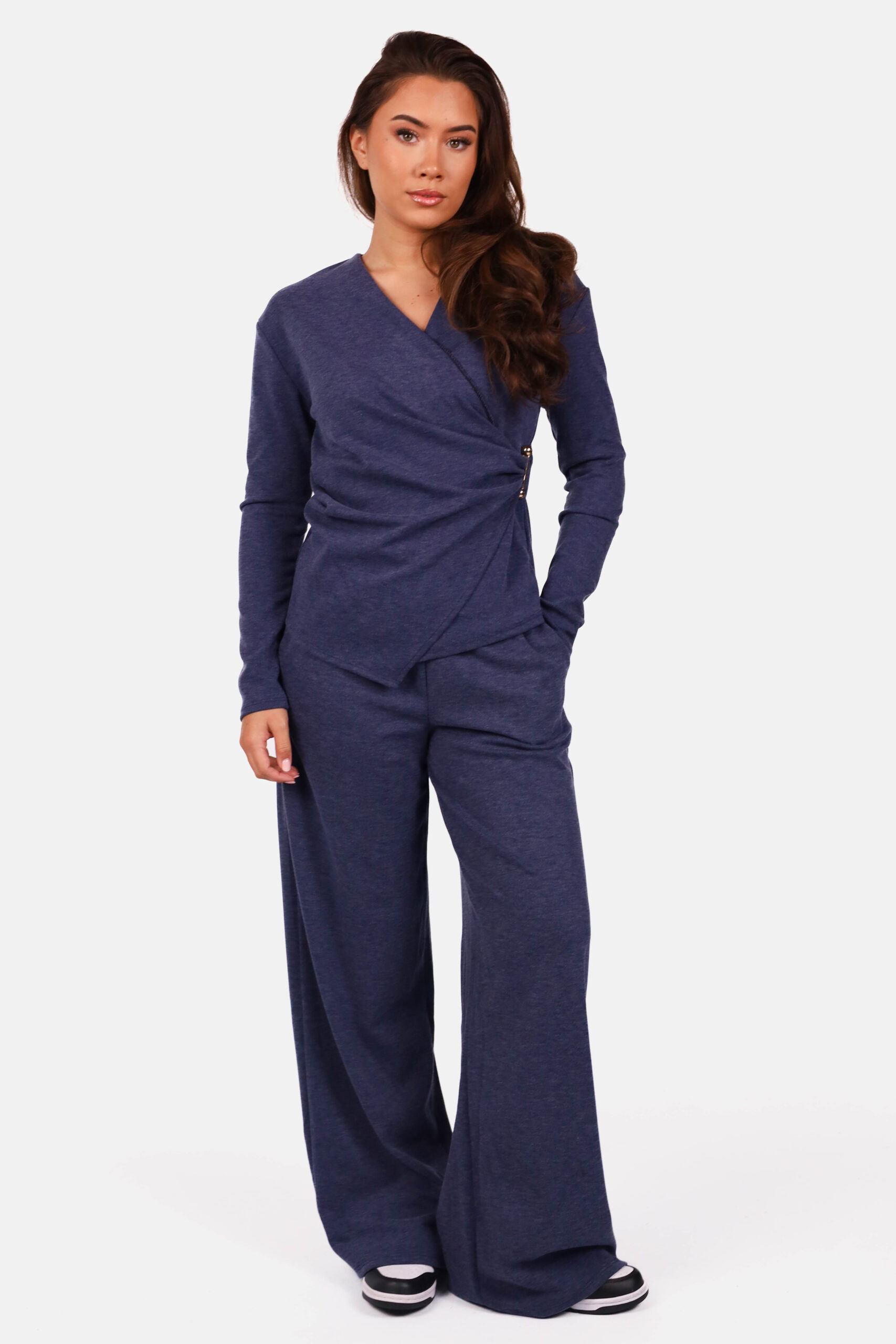 Set met top met sierclip en wide fit broek donkerblauw
