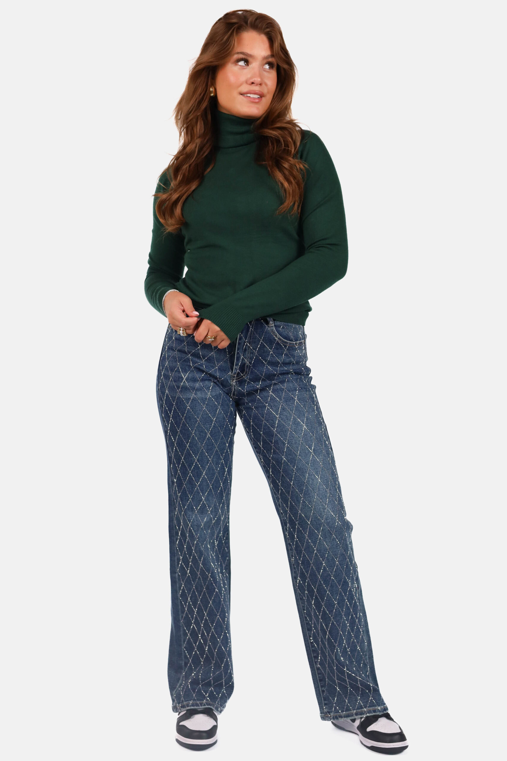 Straight jeans ruit glitter donkerblauw - Afbeelding 4