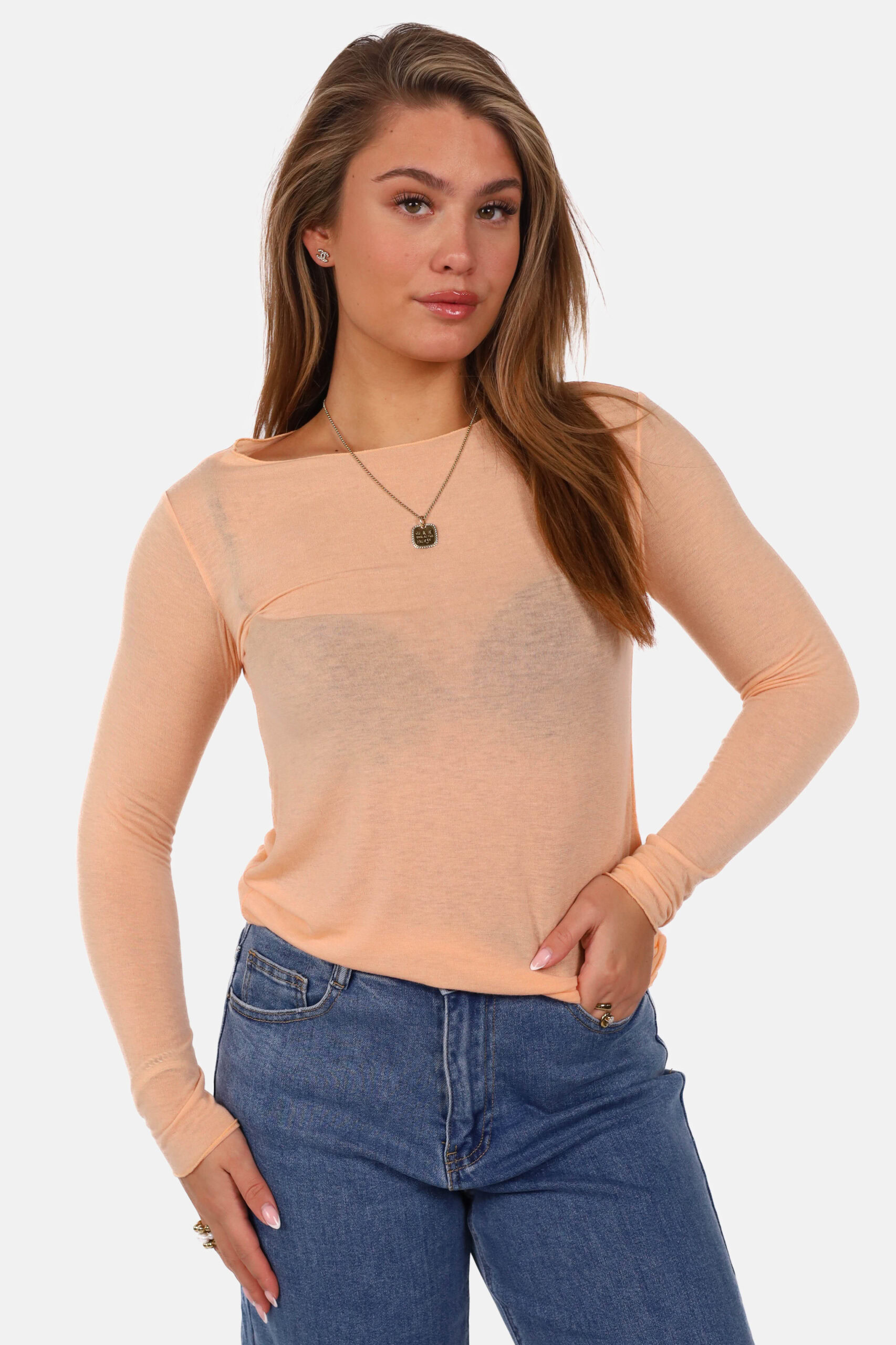 Transparante boothals top met cashmere oranje