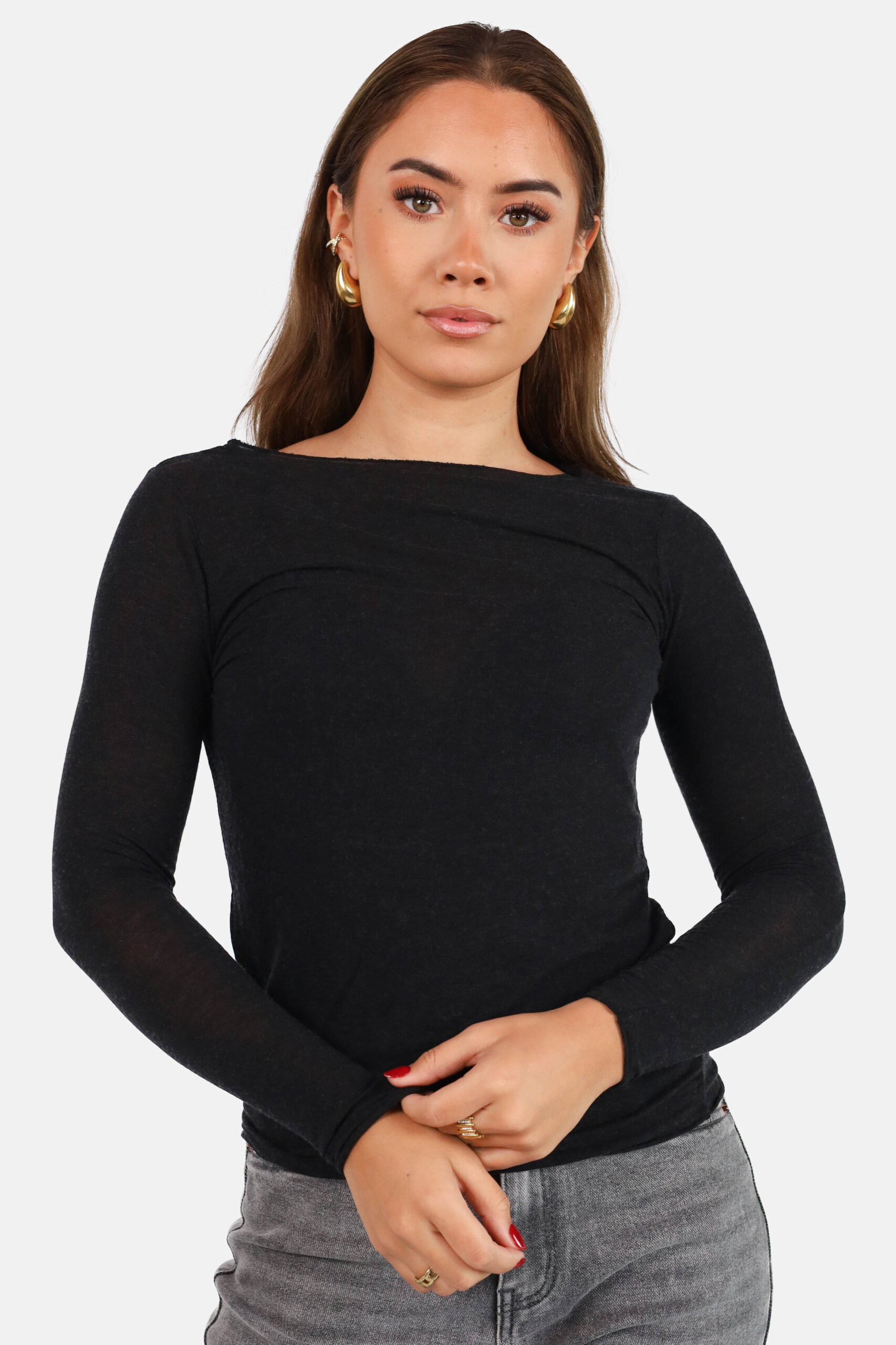 Transparante boothals top met cashmere zwart