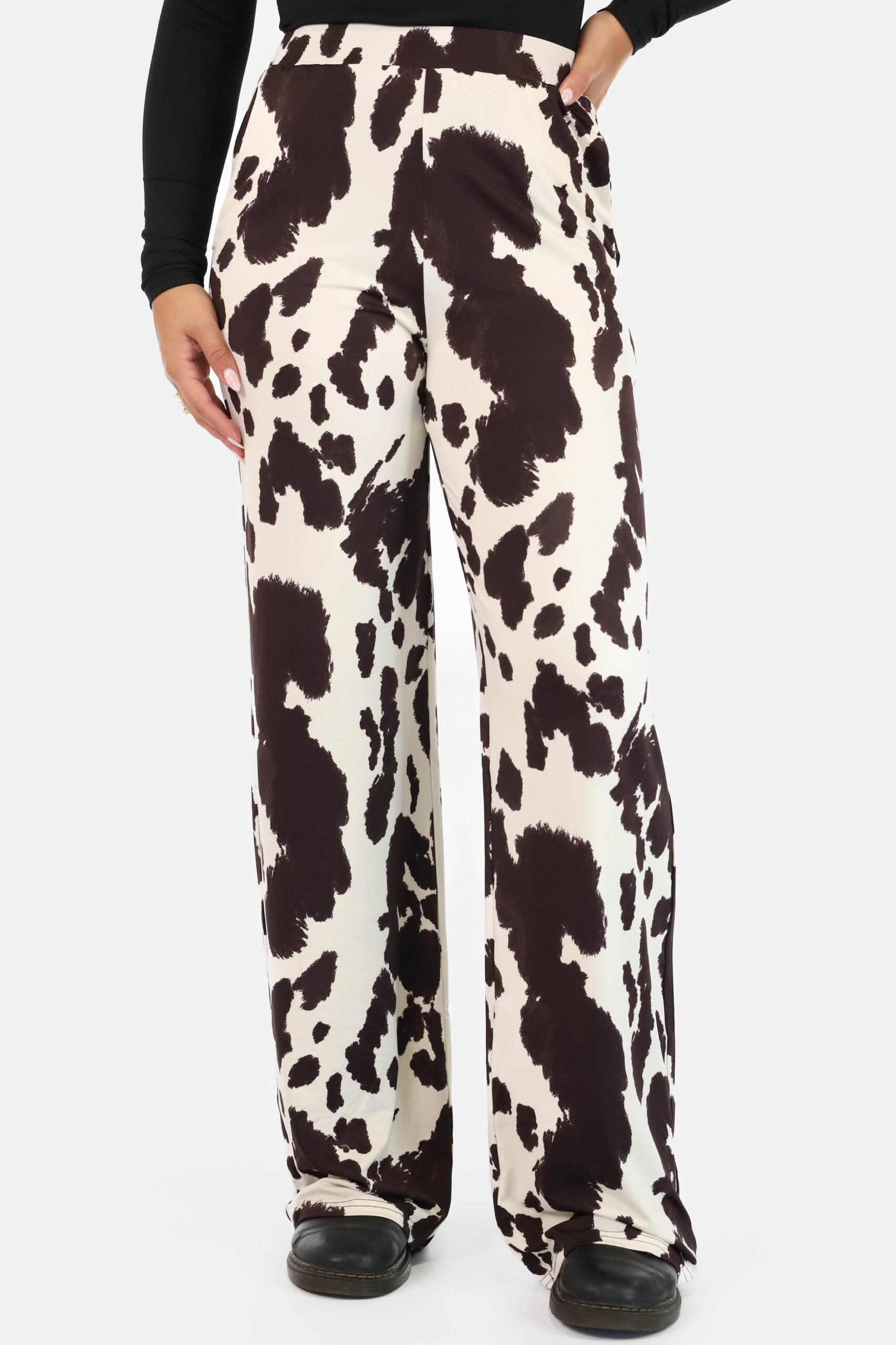 Wide leg broek comfy koeienprint bruin