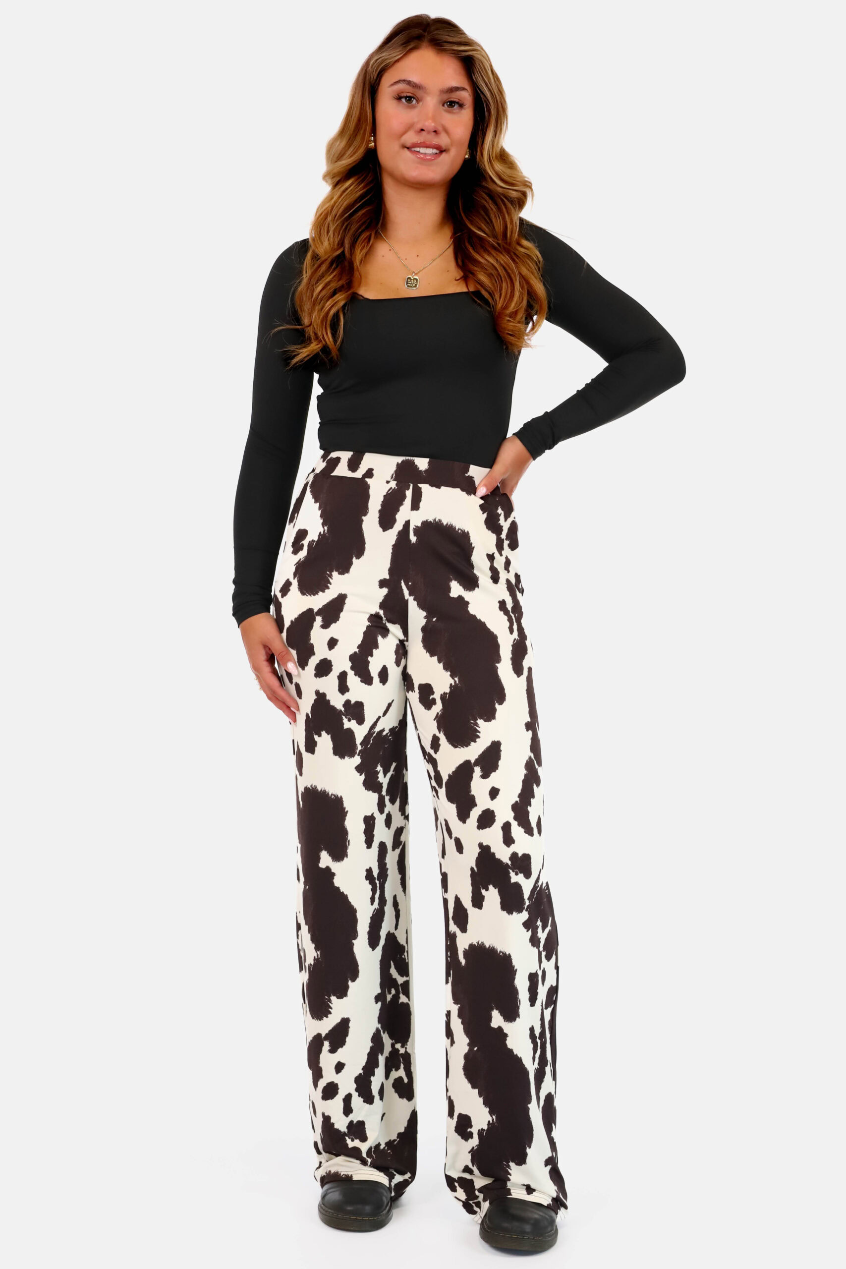 Wide leg broek comfy koeienprint bruin - Afbeelding 3
