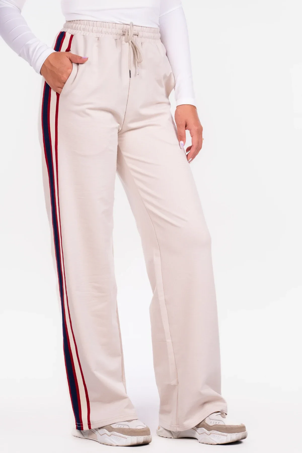 Wide leg broek stripe beige