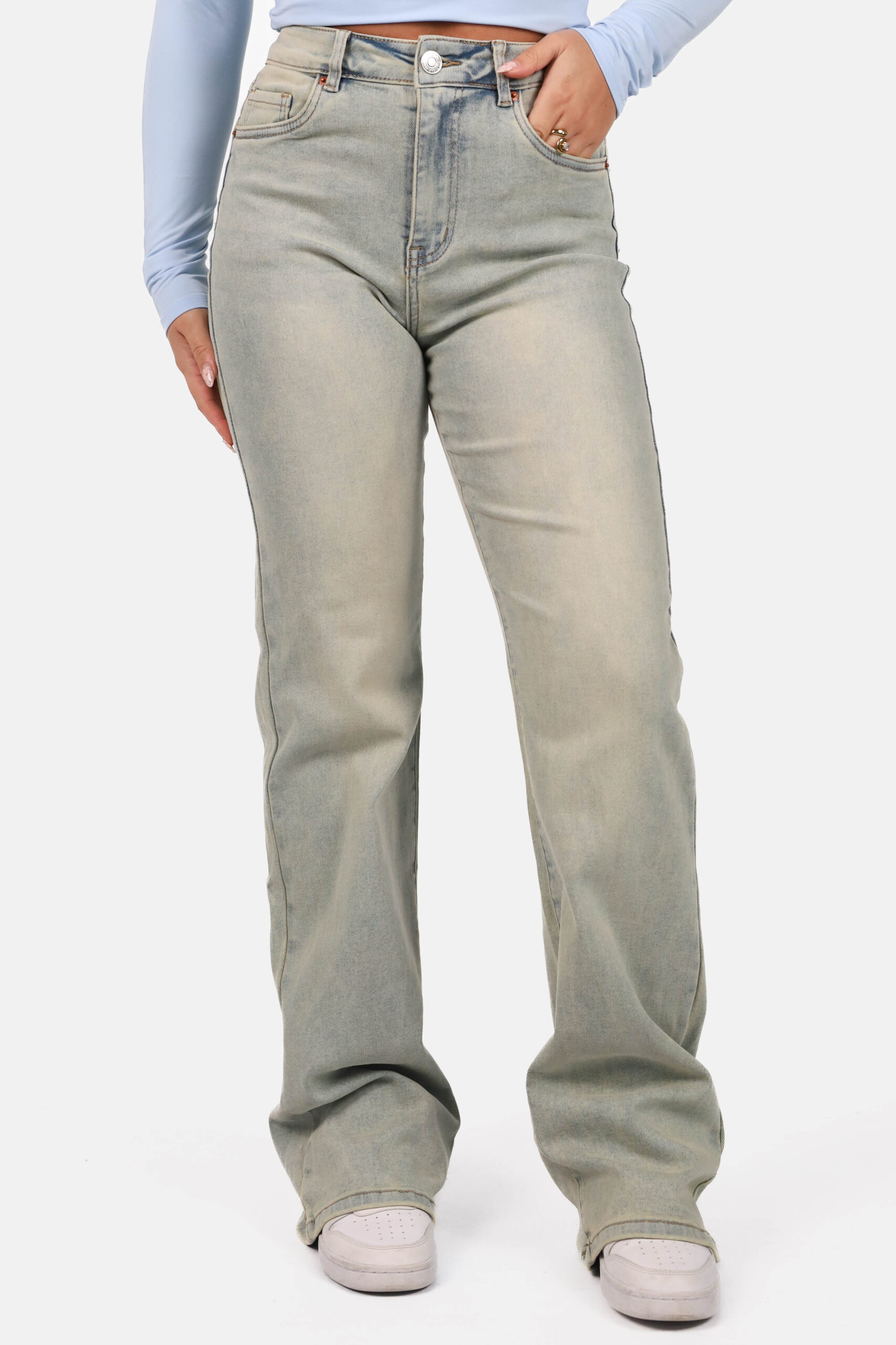 Wide leg jeans extra long met vintage wassing blauw